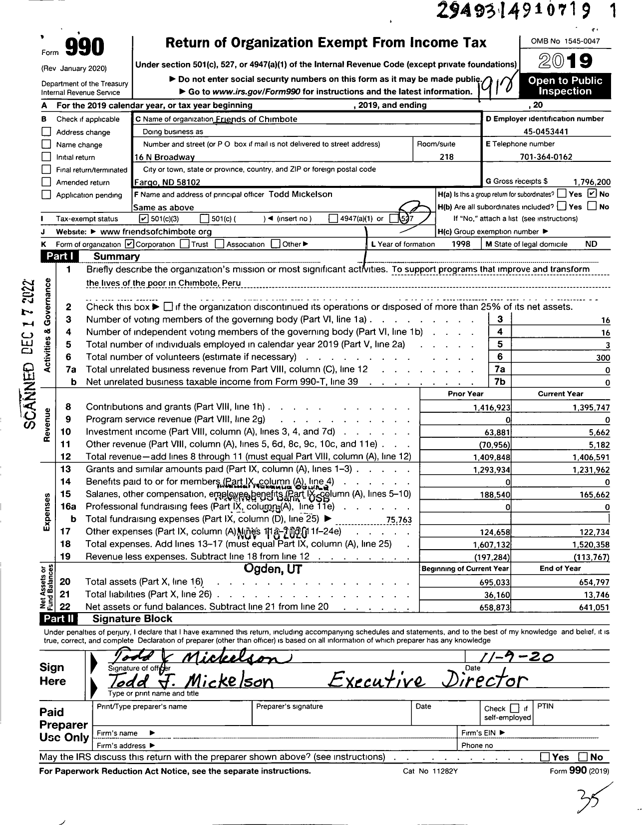 Image of first page of 2019 Form 990 for Friends of Chimbote