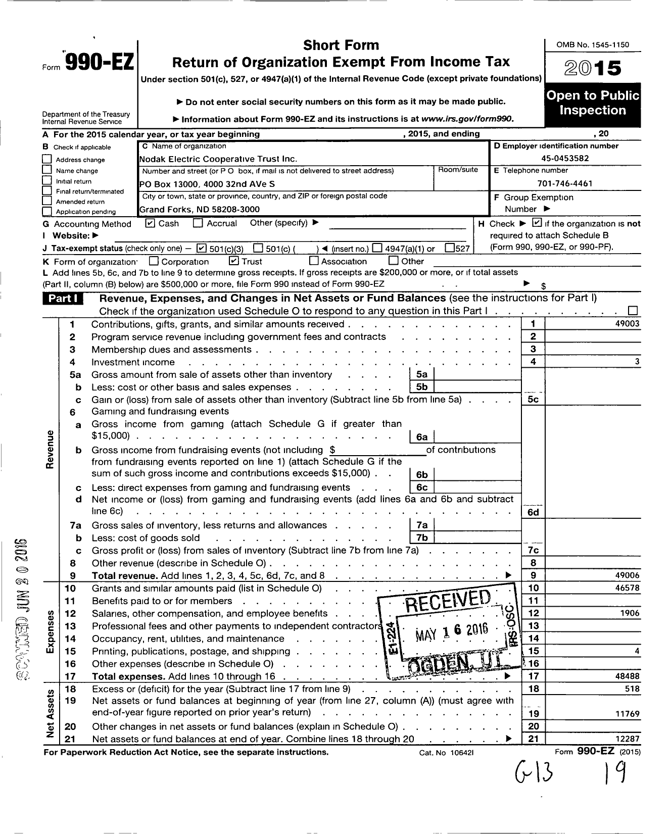 Image of first page of 2015 Form 990EZ for Nodak Electric Trust