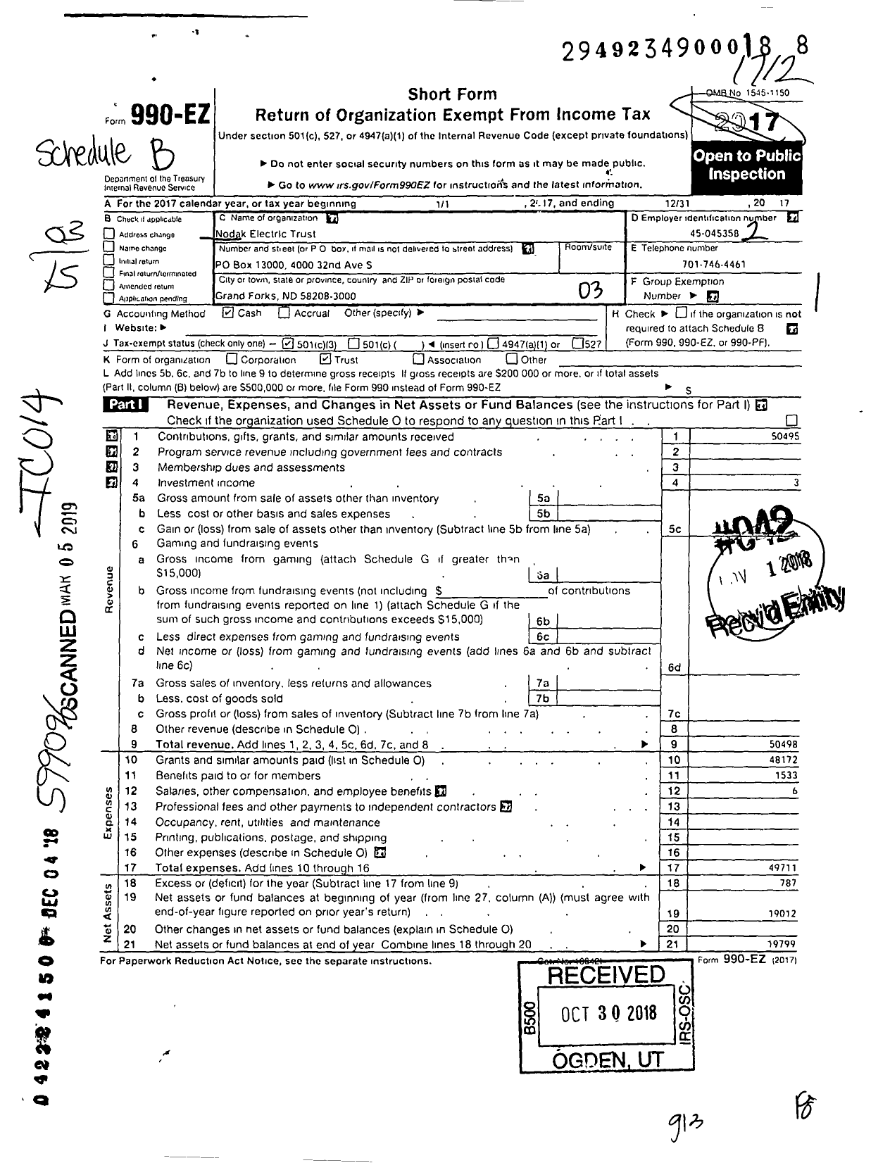 Image of first page of 2017 Form 990EZ for Nodak Electric Trust