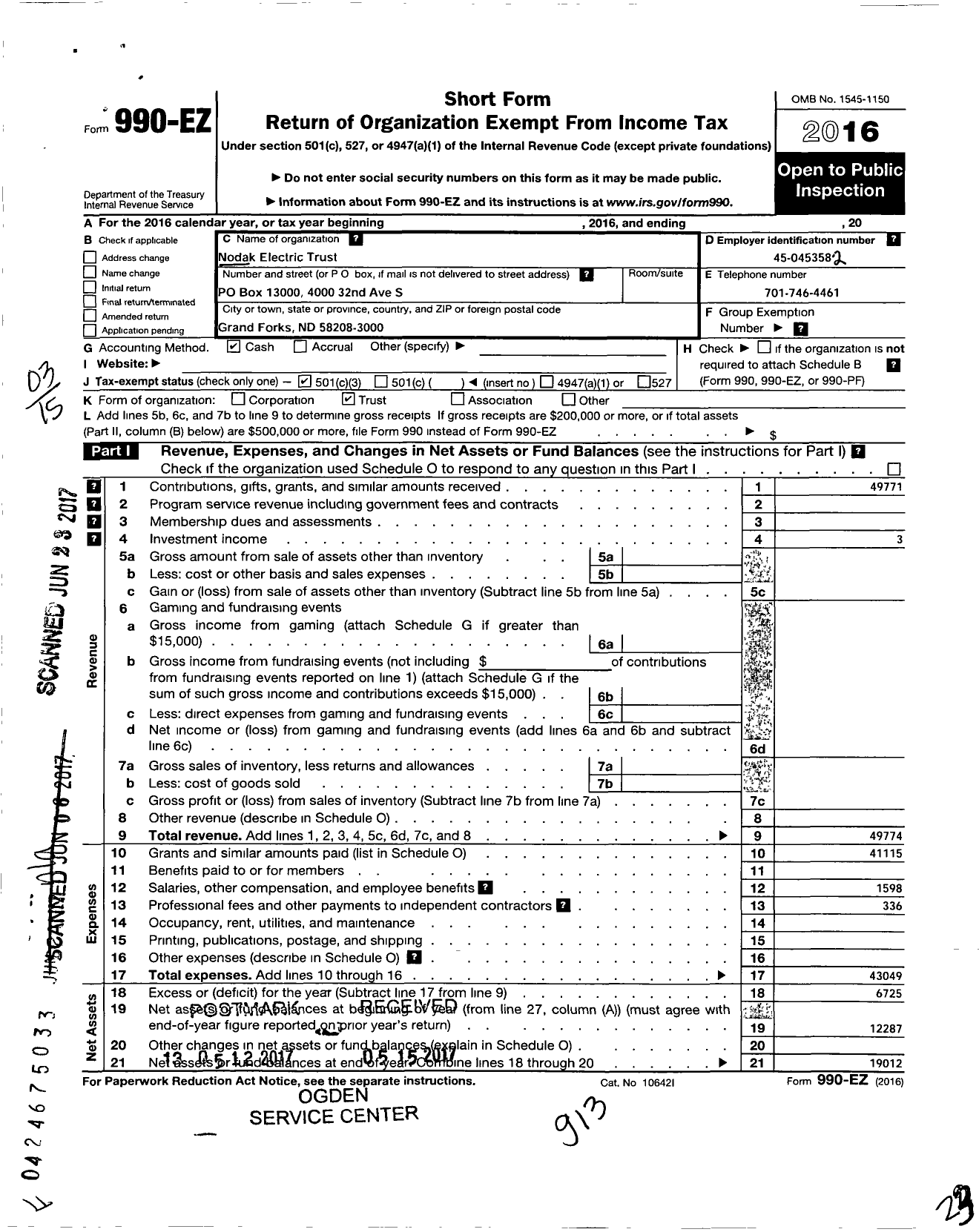 Image of first page of 2016 Form 990EZ for Nodak Electric Trust