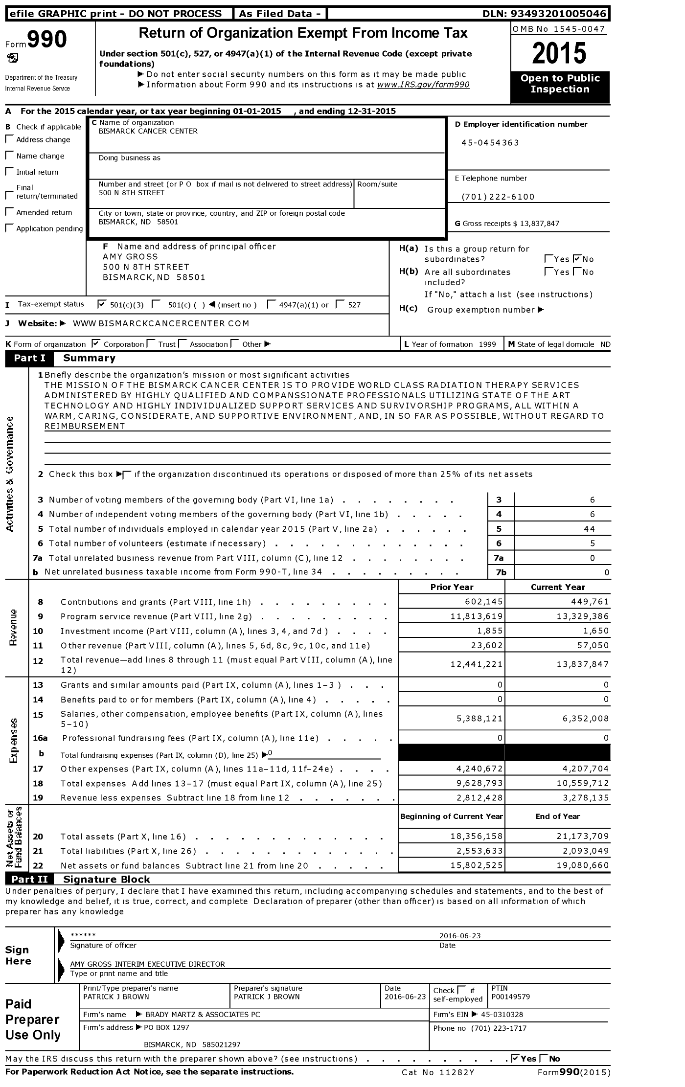 Image of first page of 2015 Form 990 for Bismarck Cancer Center