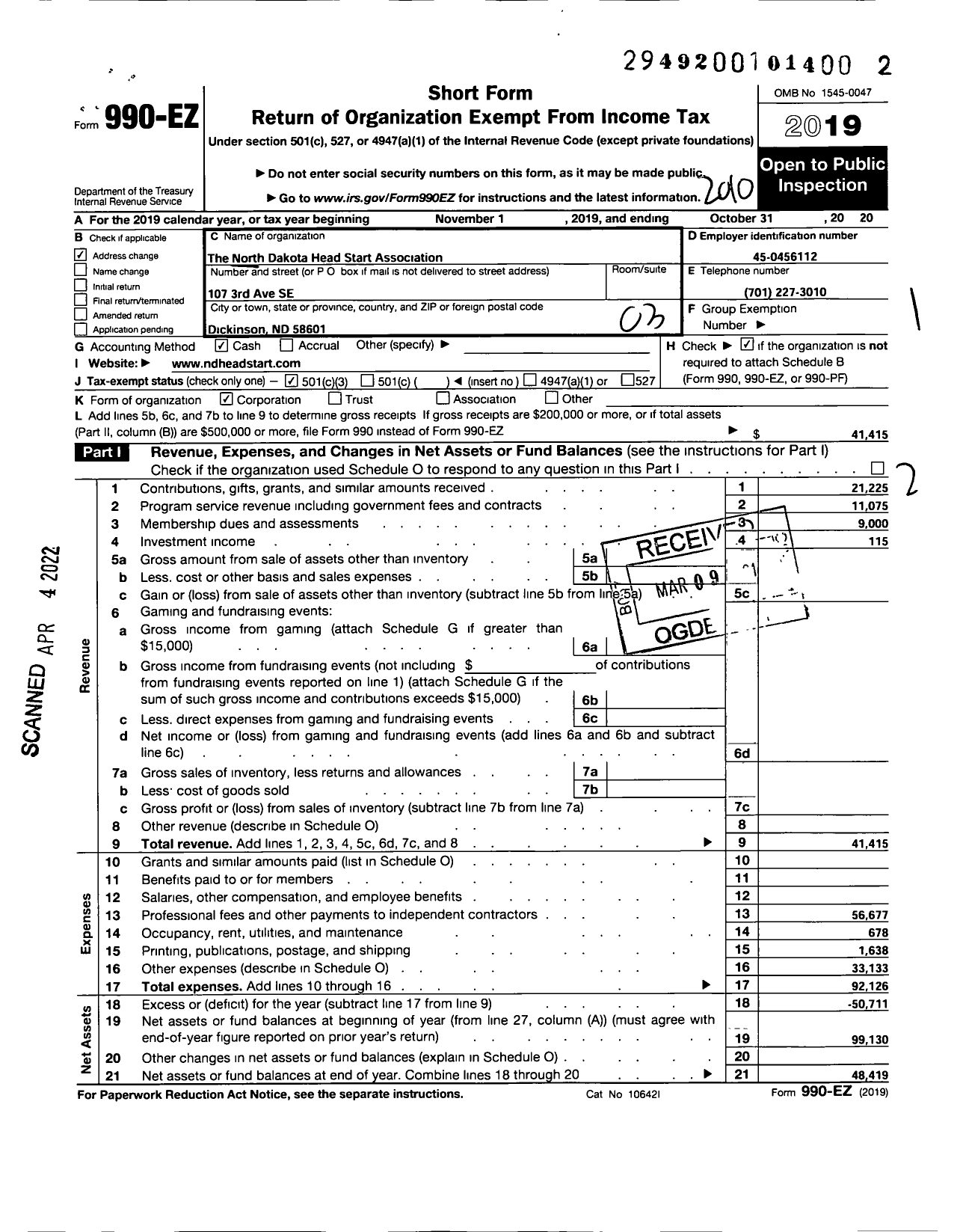 Image of first page of 2019 Form 990EZ for North Dakota Head Start Association