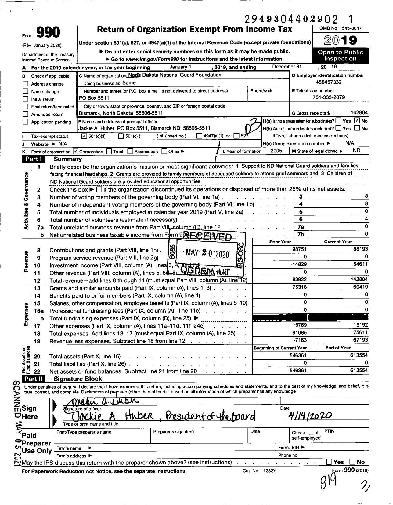 Image of first page of 2019 Form 990 for North Dakota National Guard Foundation