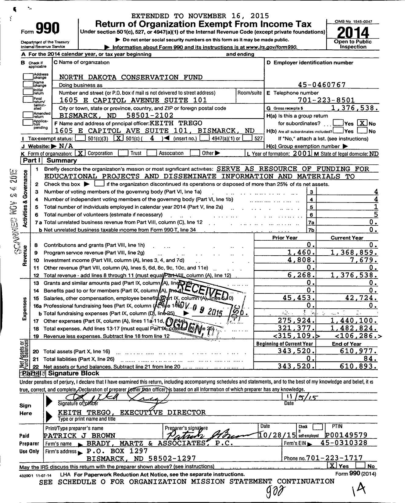 Image of first page of 2014 Form 990O for North Dakota Conservation Fund