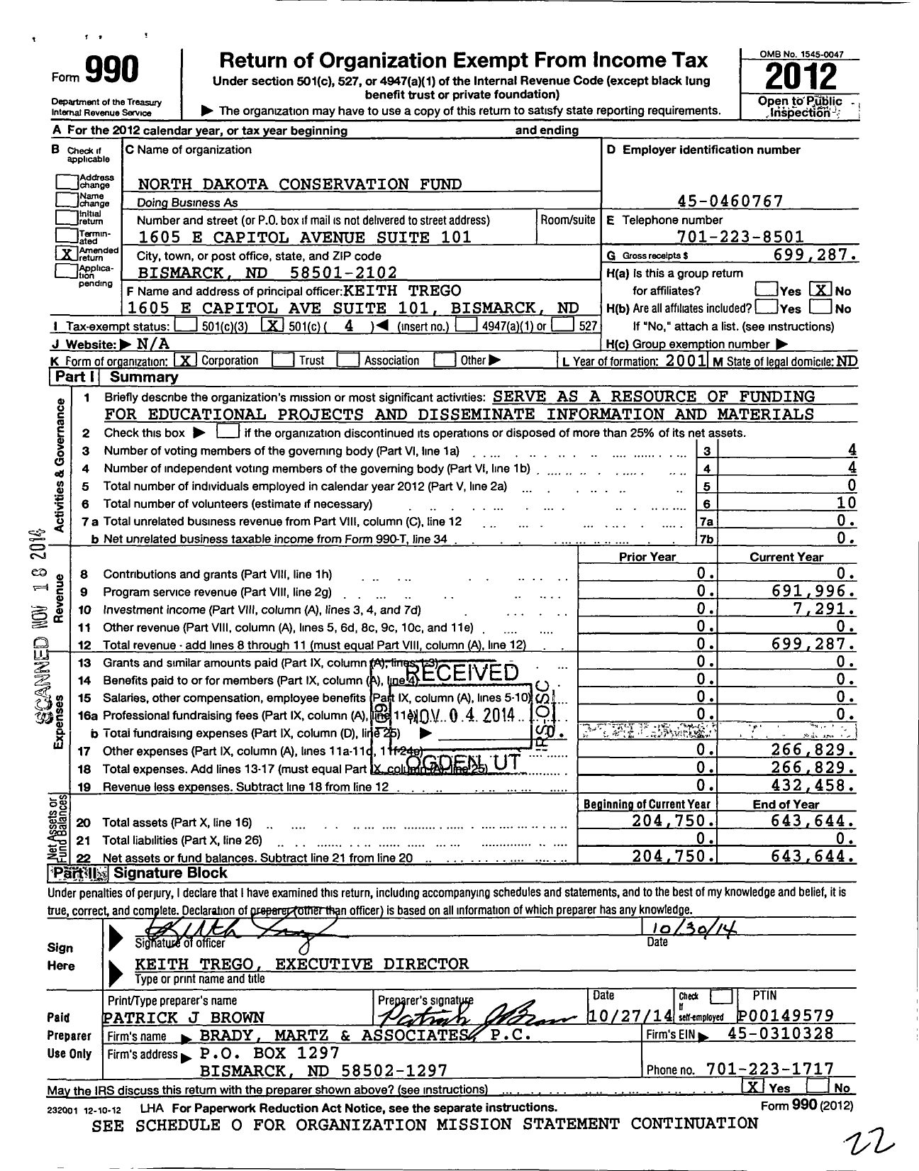 Image of first page of 2012 Form 990O for North Dakota Conservation Fund