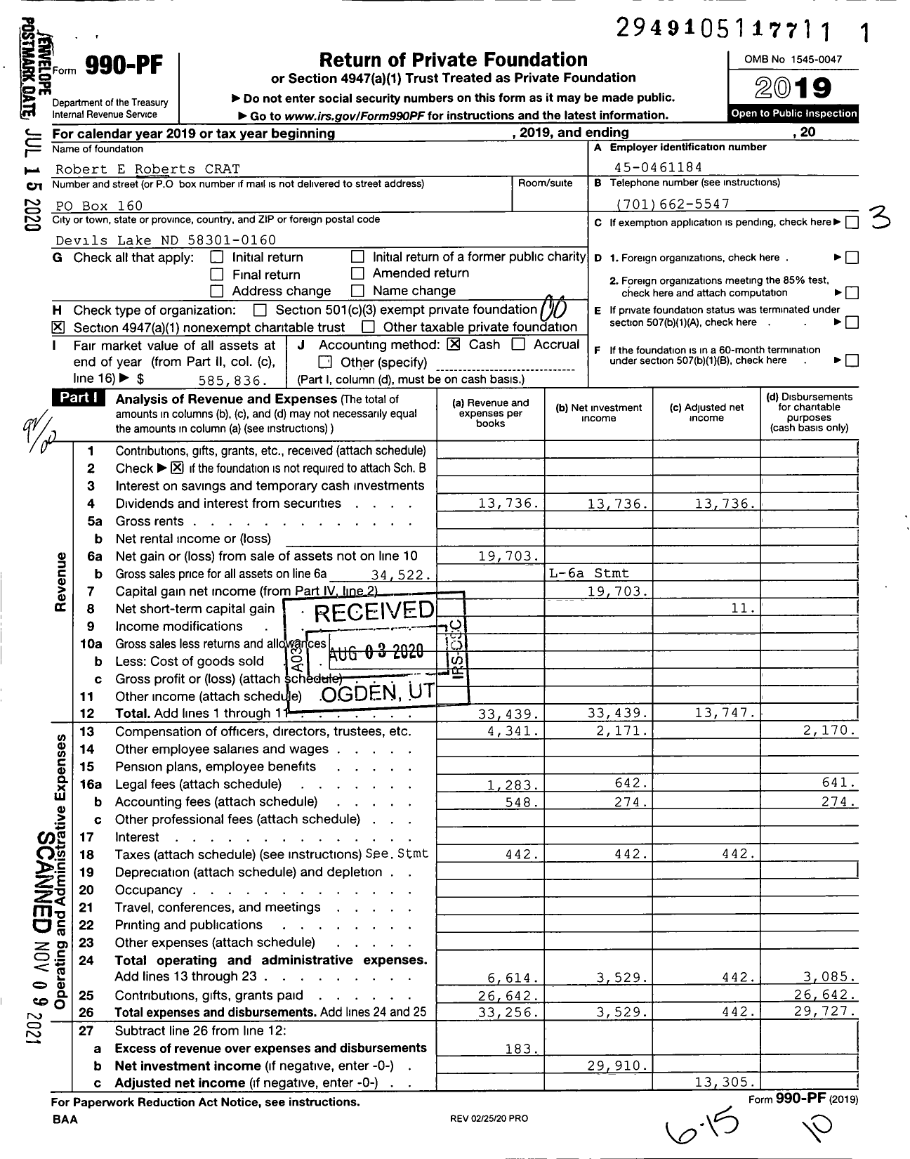 Image of first page of 2019 Form 990PF for Robert E Roberts CRAT