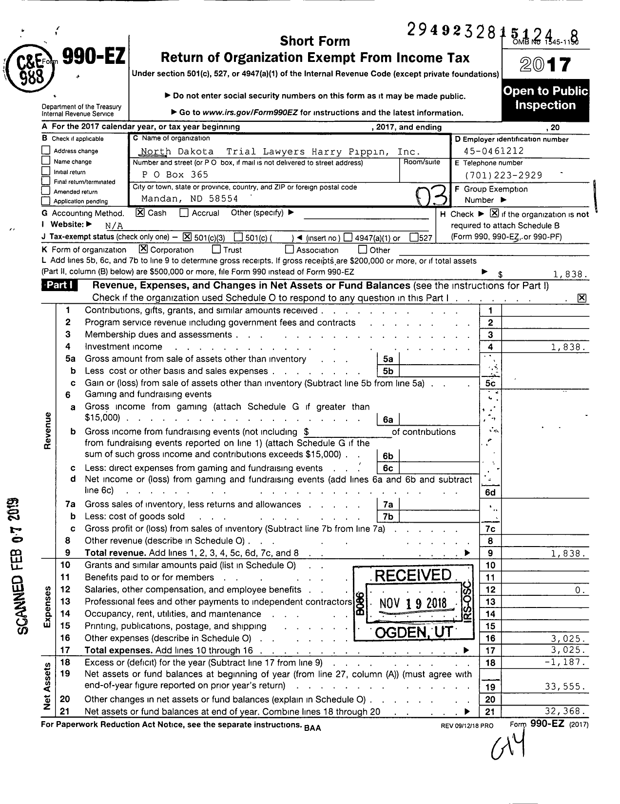 Image of first page of 2017 Form 990EZ for North Dakota Trial Lawyers Harry Pippin Foundation