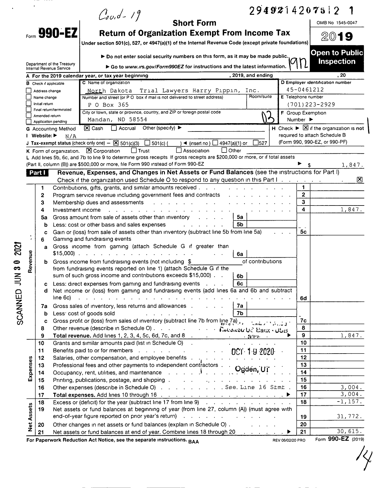 Image of first page of 2019 Form 990EZ for North Dakota Trial Lawyers Harry Pippin Foundation