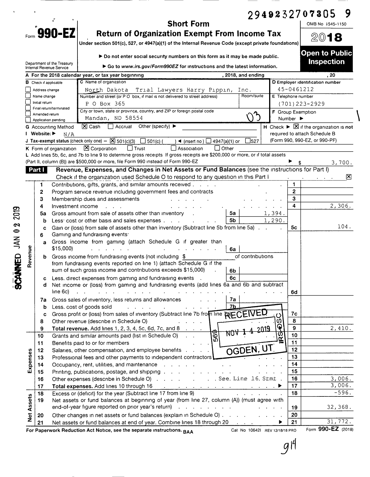 Image of first page of 2018 Form 990EZ for North Dakota Trial Lawyers Harry Pippin Foundation