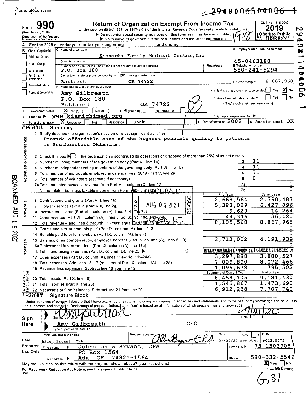 Image of first page of 2019 Form 990 for Kiamichi Family Medical Center