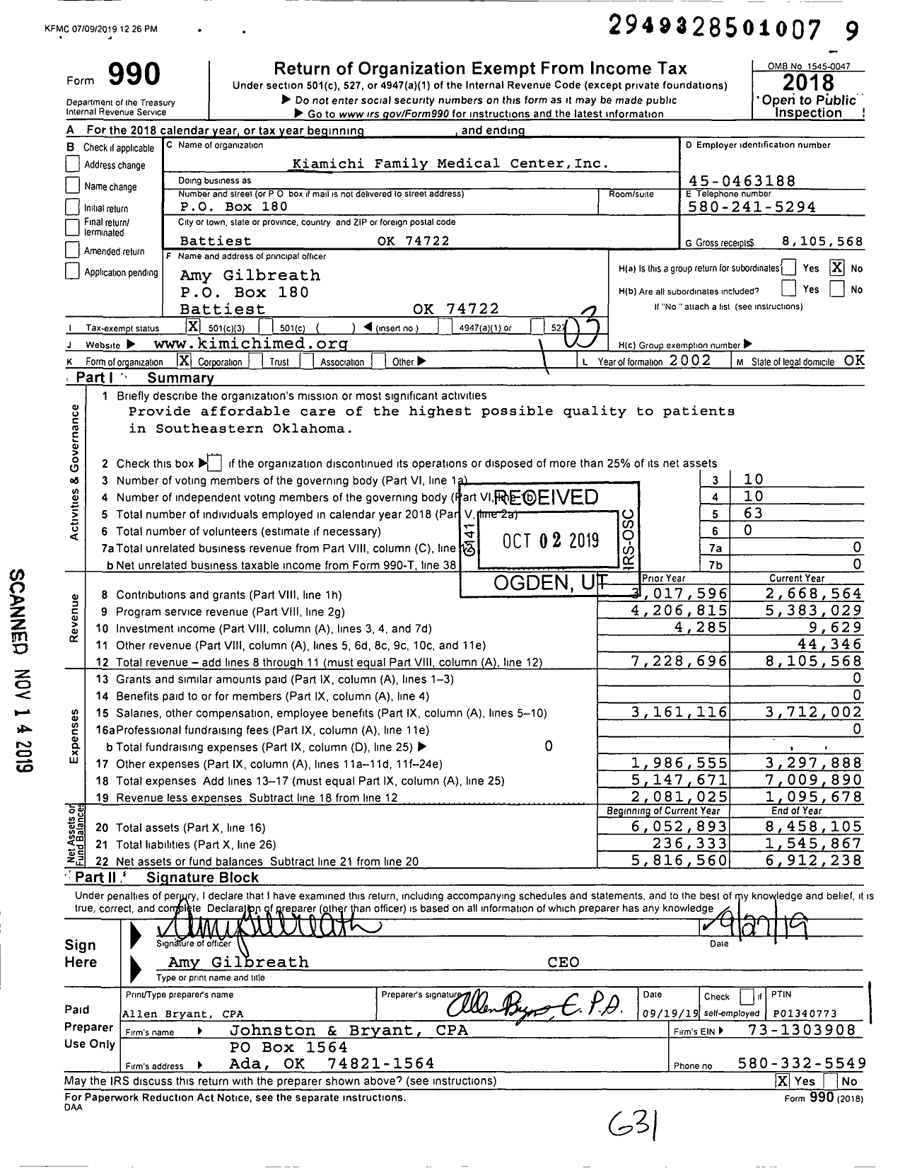 Image of first page of 2018 Form 990 for Kiamichi Family Medical Center