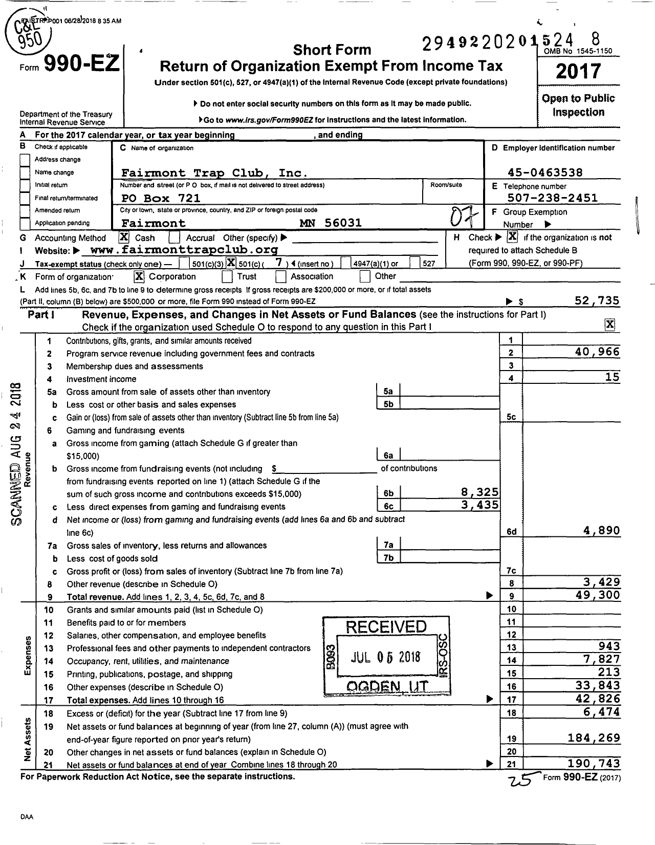 Image of first page of 2017 Form 990EO for Fairmont Trap Club