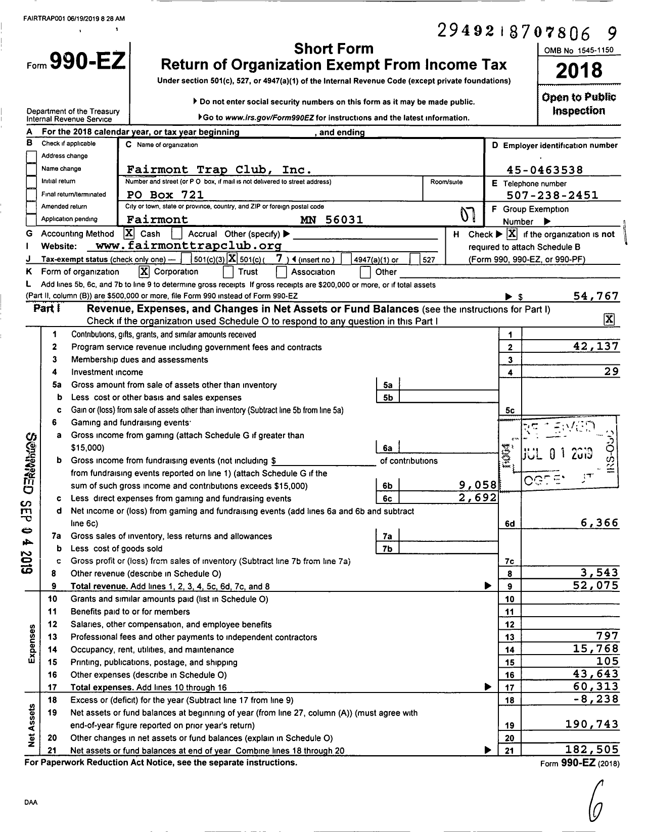 Image of first page of 2018 Form 990EO for Fairmont Trap Club