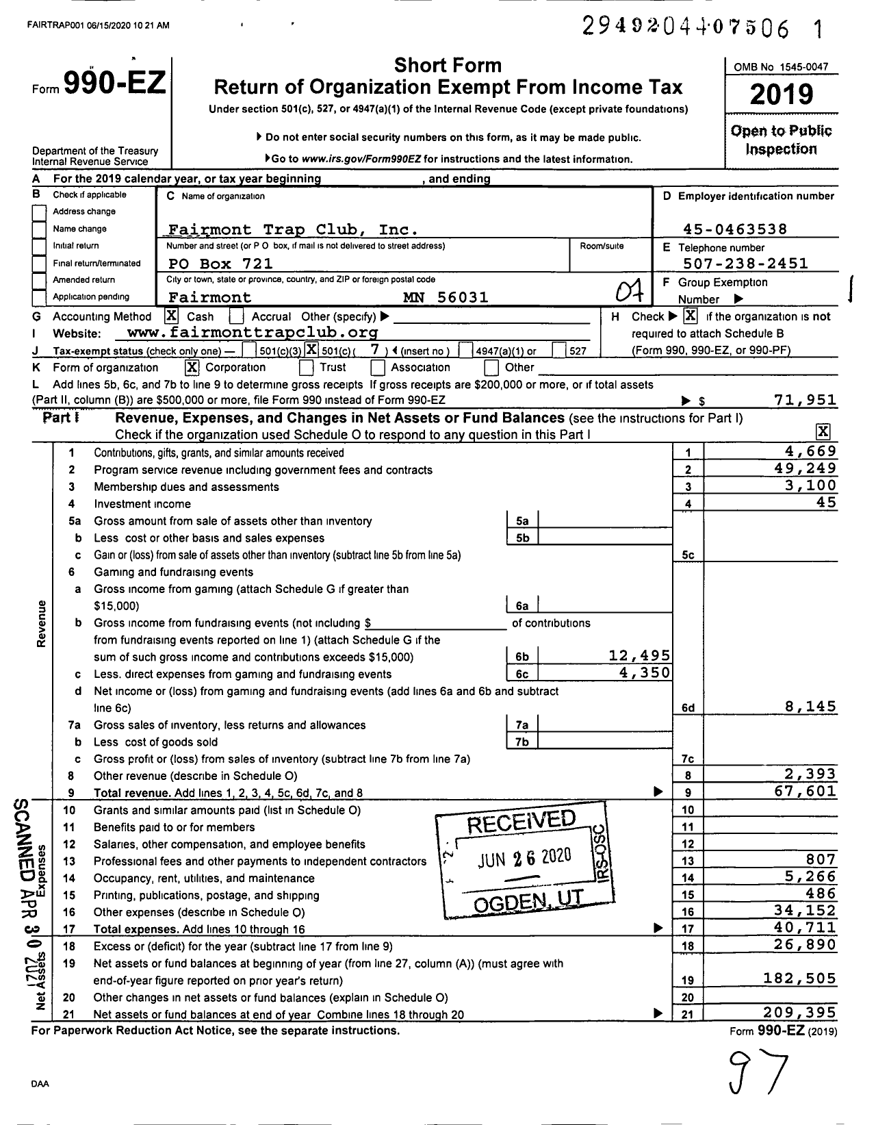 Image of first page of 2019 Form 990EO for Fairmont Trap Club