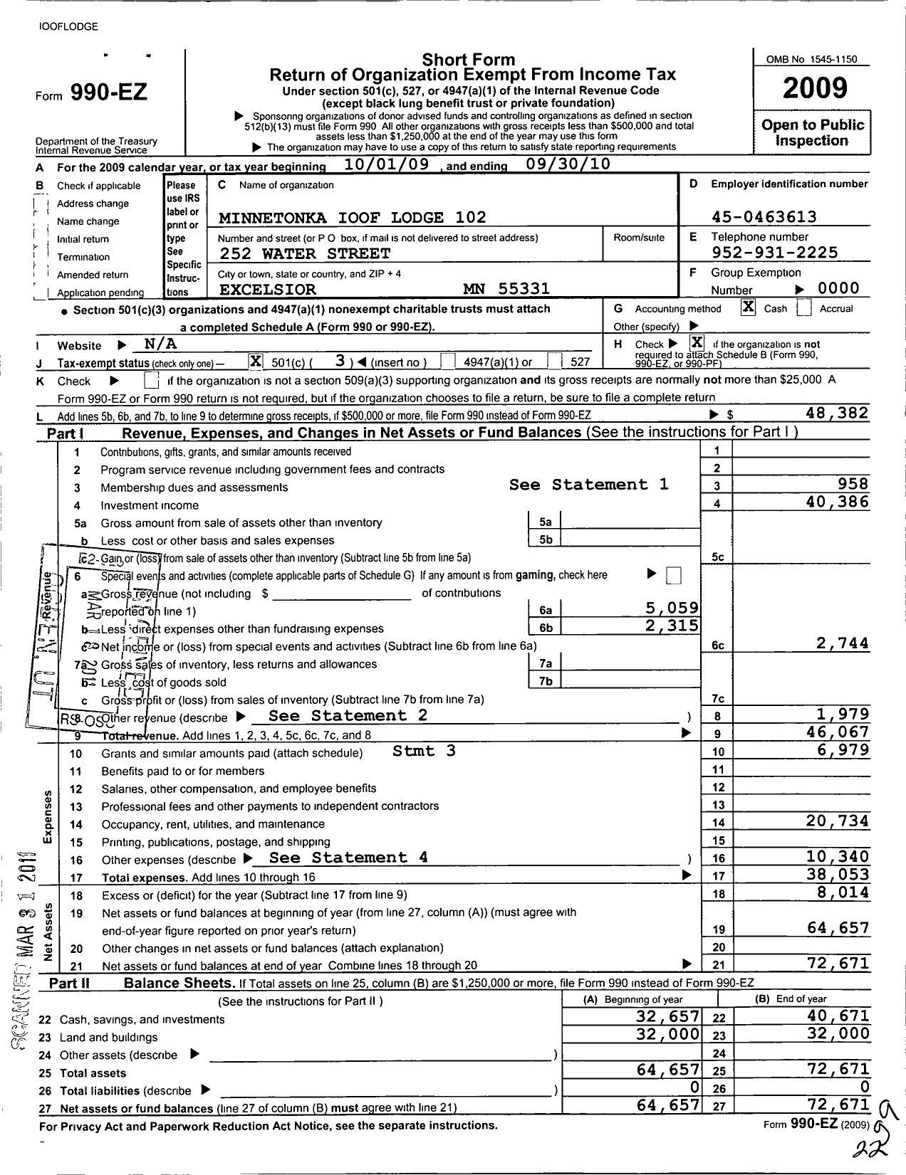 Image of first page of 2009 Form 990EZ for Independent Order of Odd Fellows - 102 Minnetonka LDG