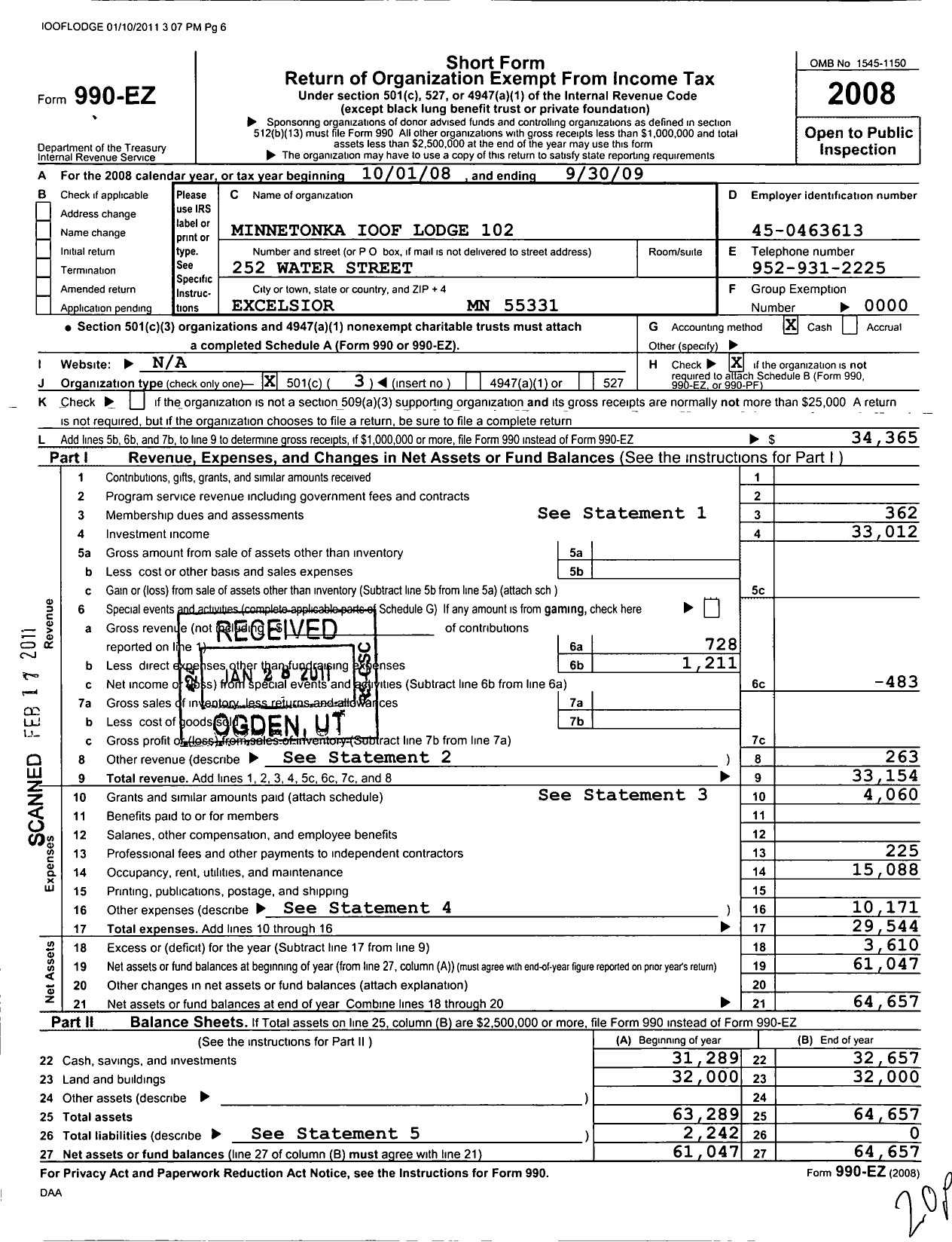 Image of first page of 2008 Form 990EZ for Independent Order of Odd Fellows - 102 Minnetonka LDG