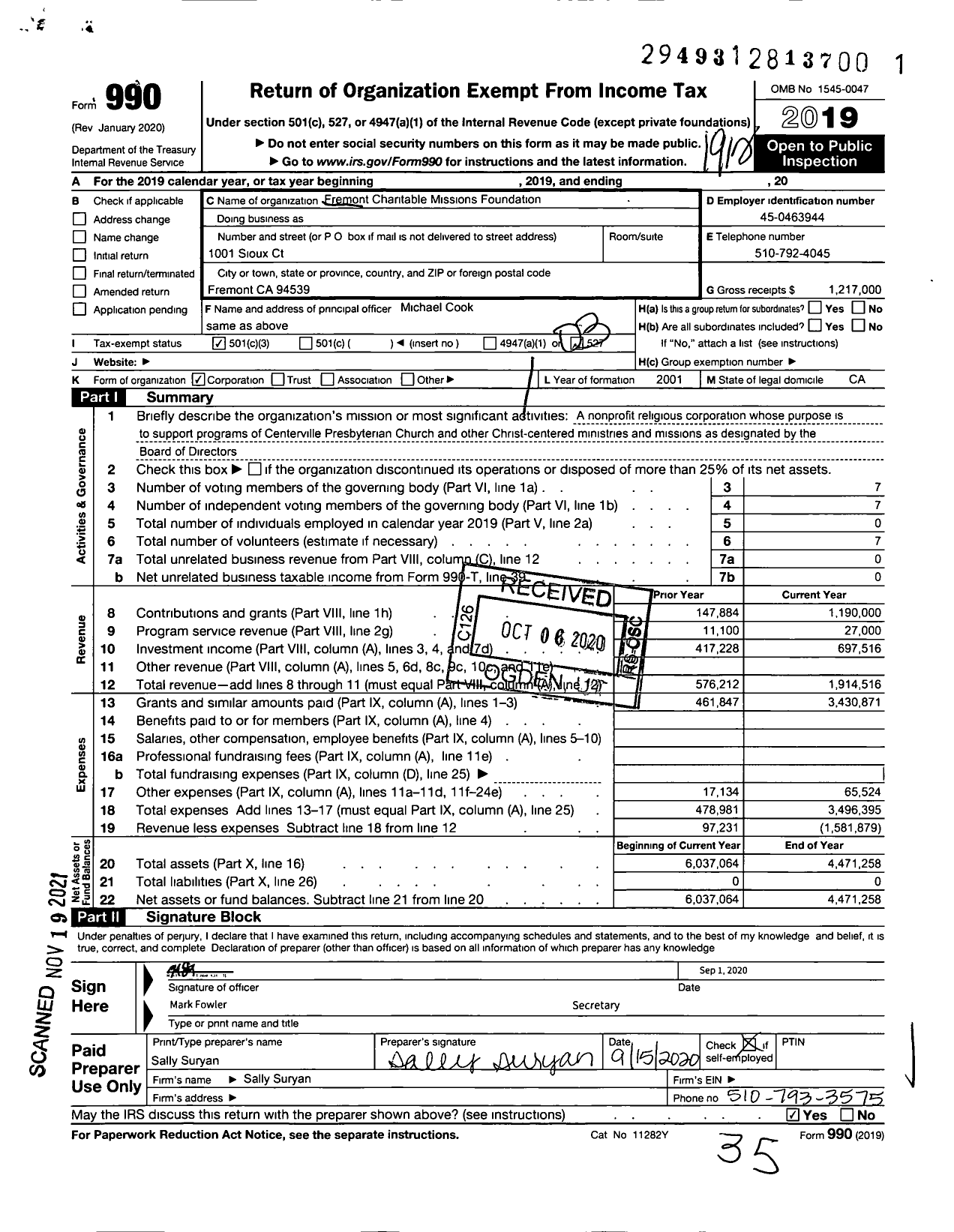 Image of first page of 2019 Form 990 for Fremont Charitable Missions Foundation