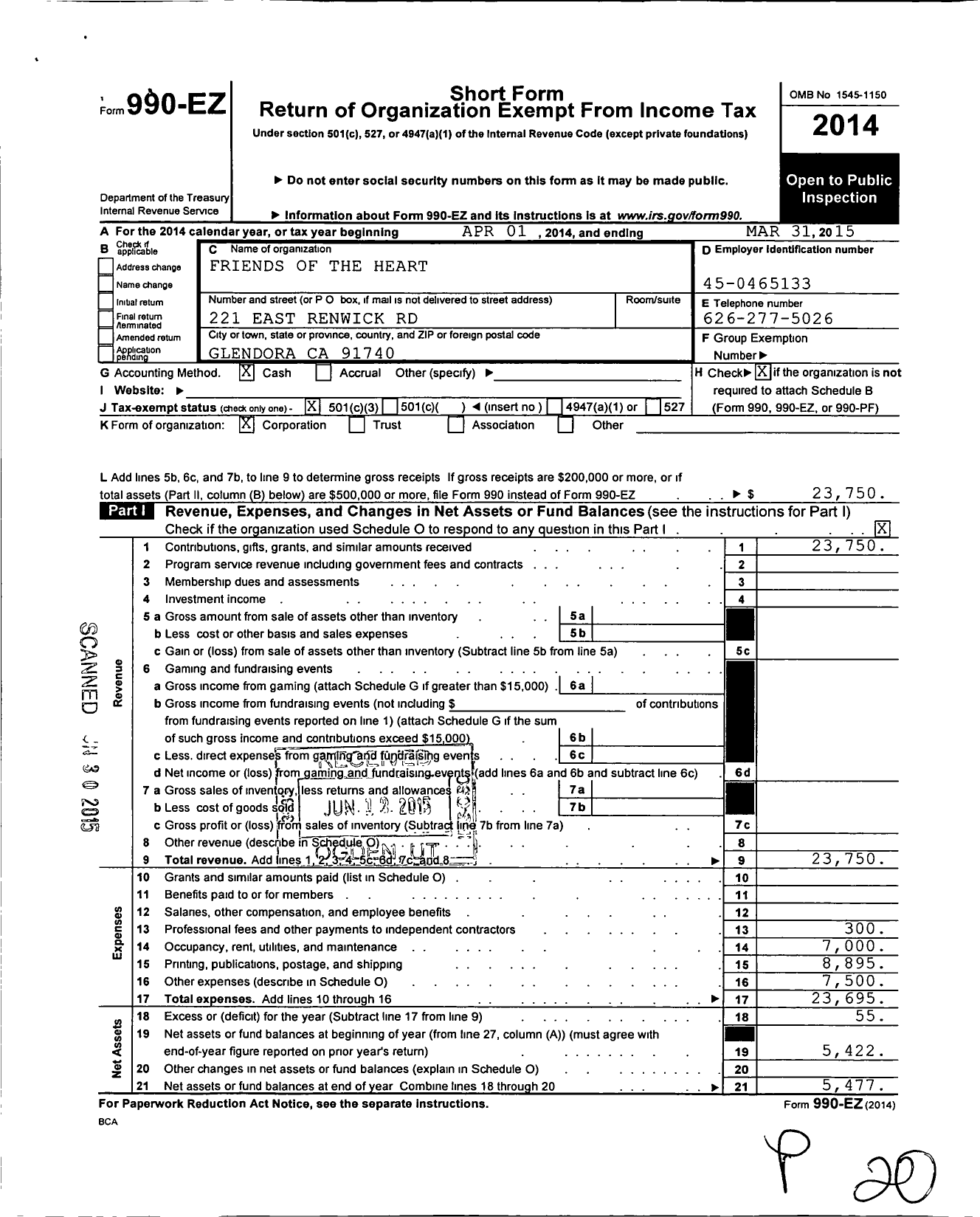 Image of first page of 2014 Form 990EZ for Friends of the Heart