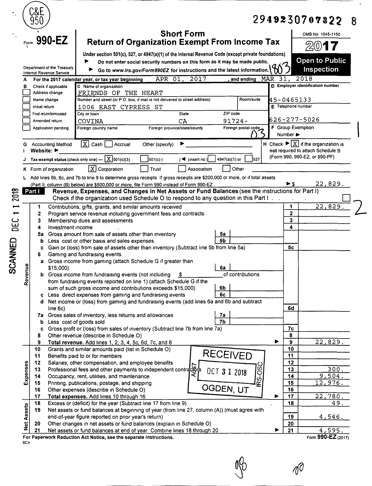 Image of first page of 2017 Form 990EZ for Friends of the Heart