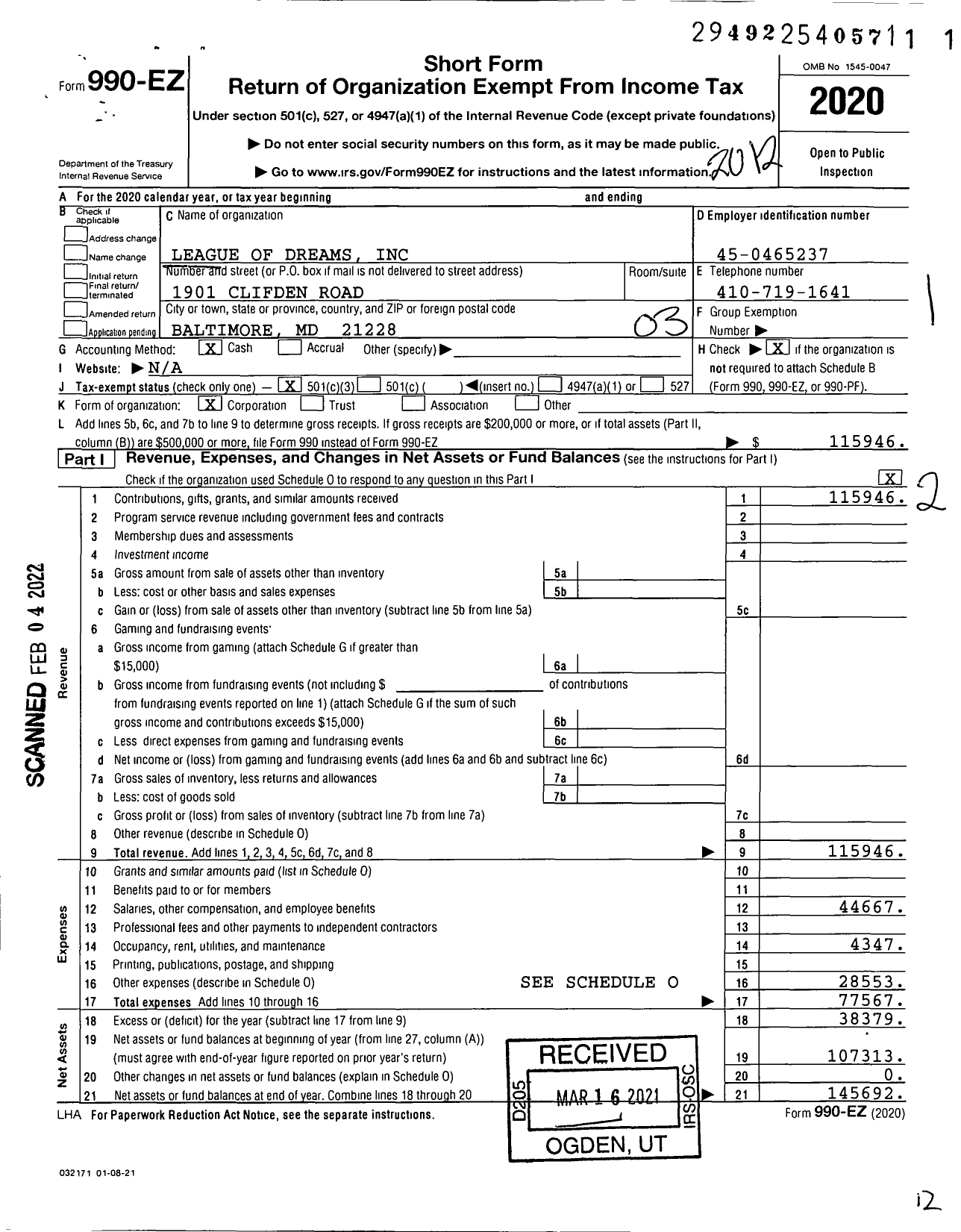 Image of first page of 2020 Form 990EZ for League of Dreams