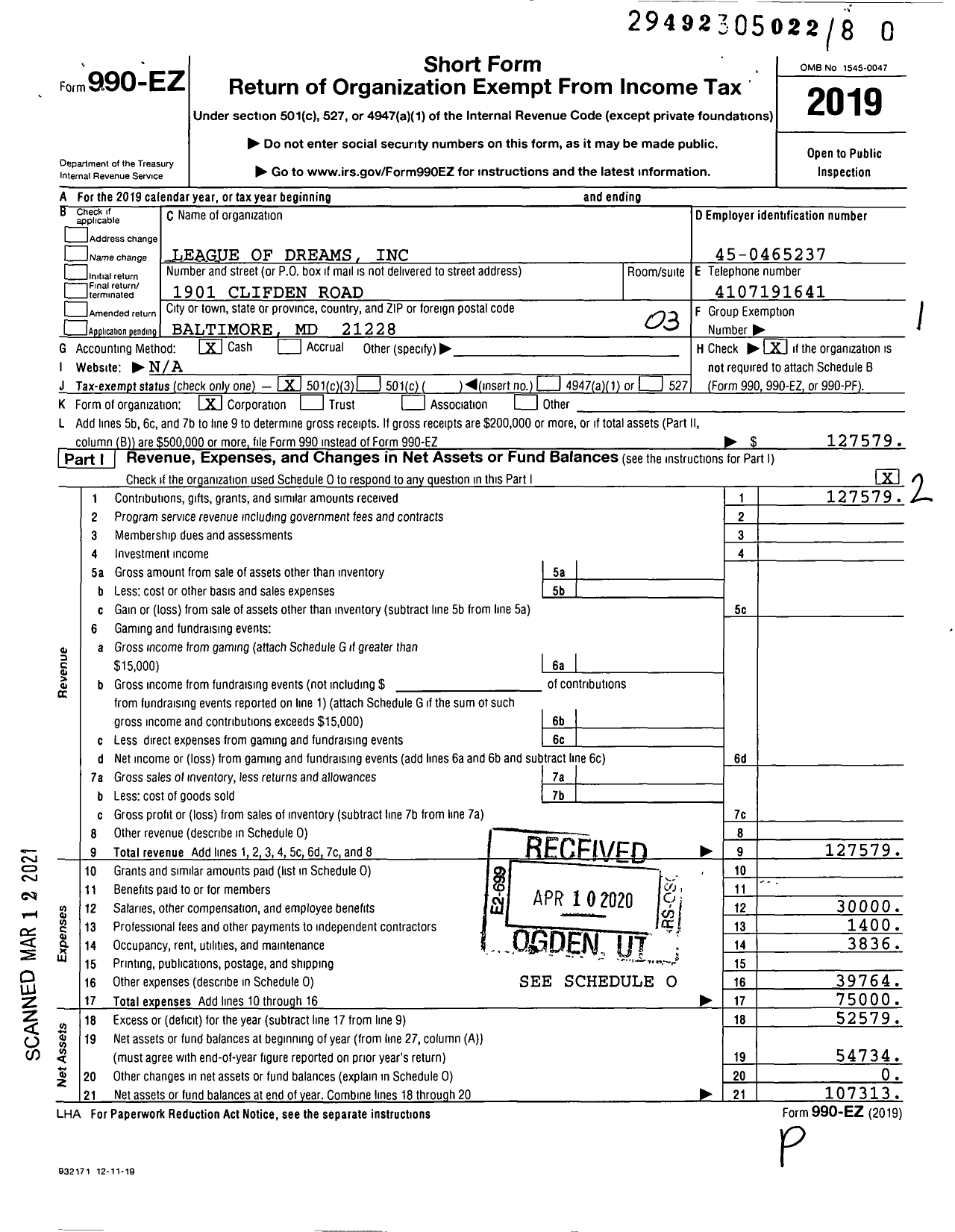 Image of first page of 2019 Form 990EZ for League of Dreams