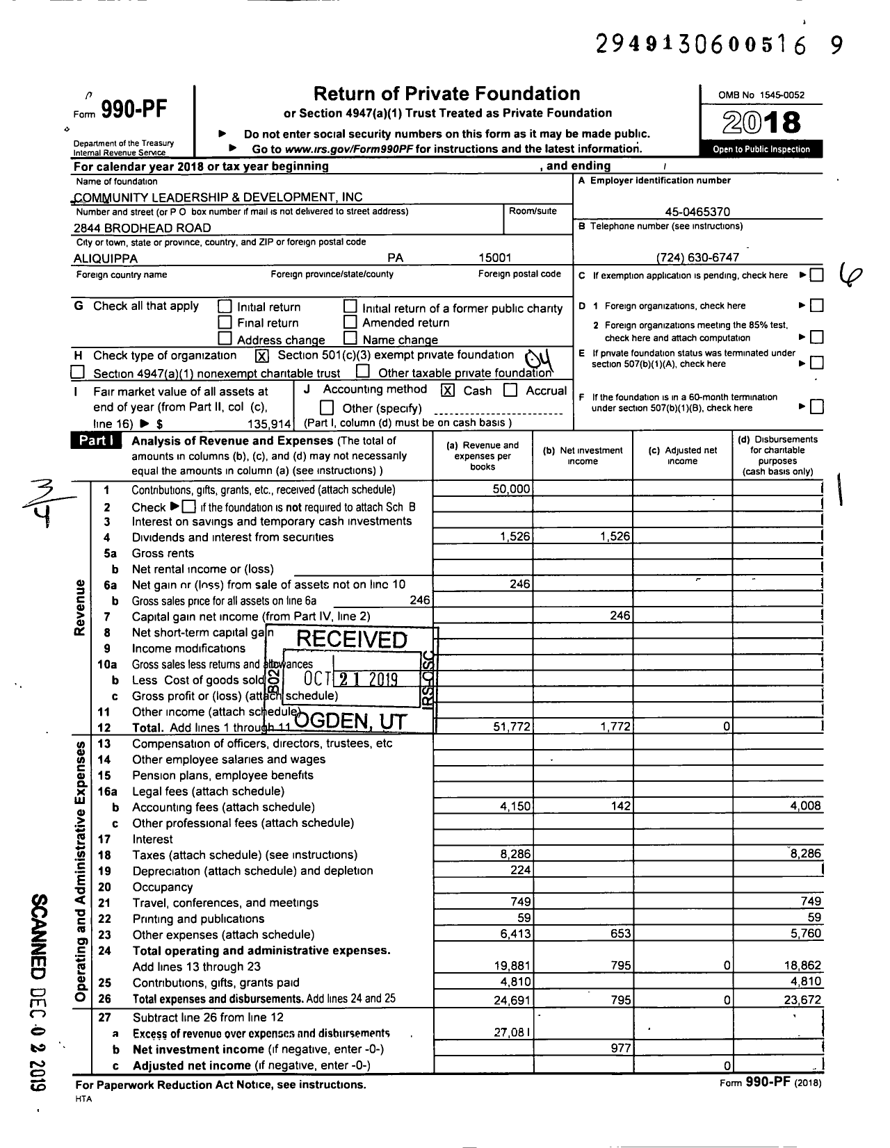 Image of first page of 2018 Form 990PF for Community Leadership and Development