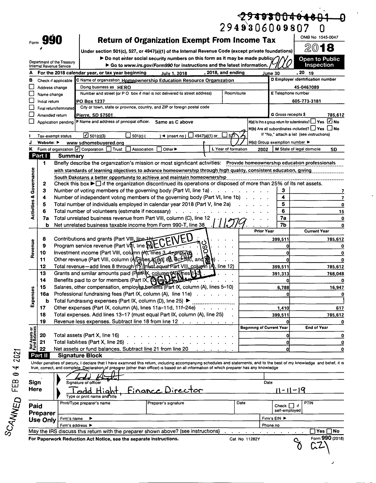 Image of first page of 2018 Form 990 for Homeownership Education Resource Organization (HERO)