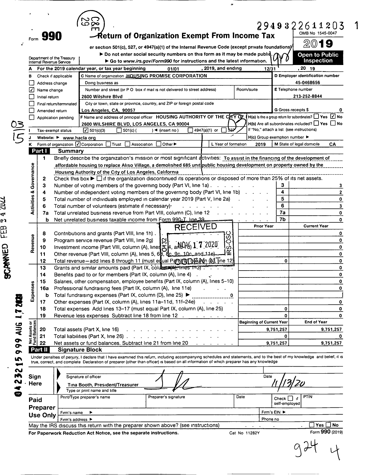 Image of first page of 2019 Form 990 for Housing Promise Corporation