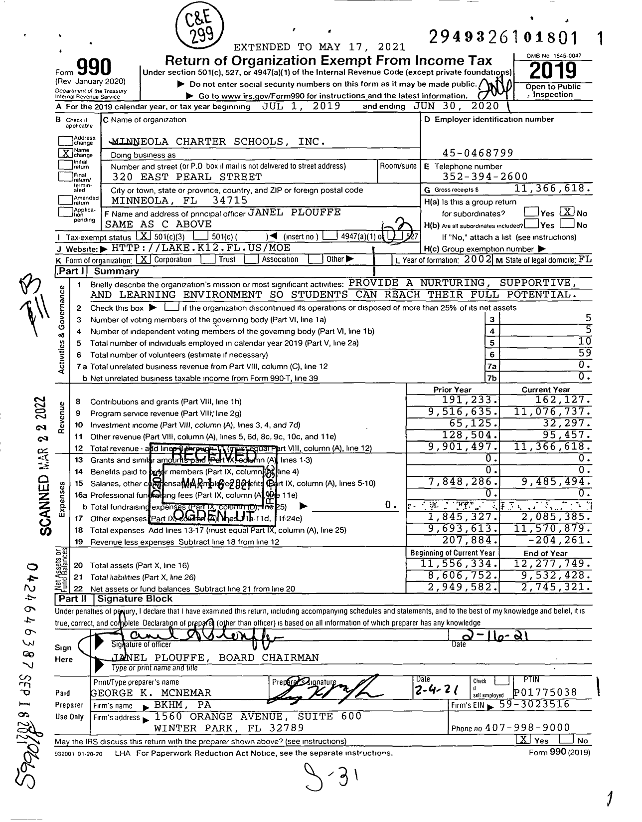 Image of first page of 2019 Form 990 for Minneola Elementary School