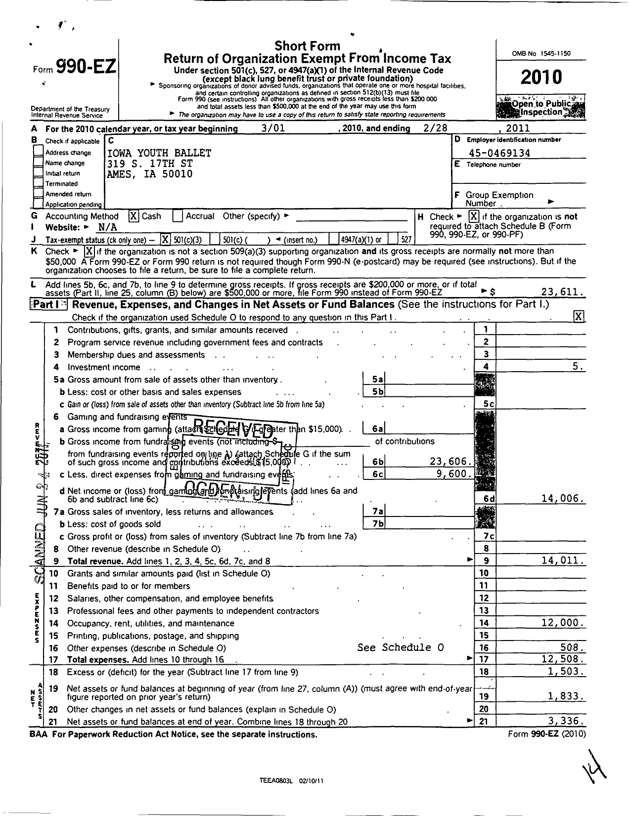 Image of first page of 2010 Form 990EZ for Iowa Youth Ballet