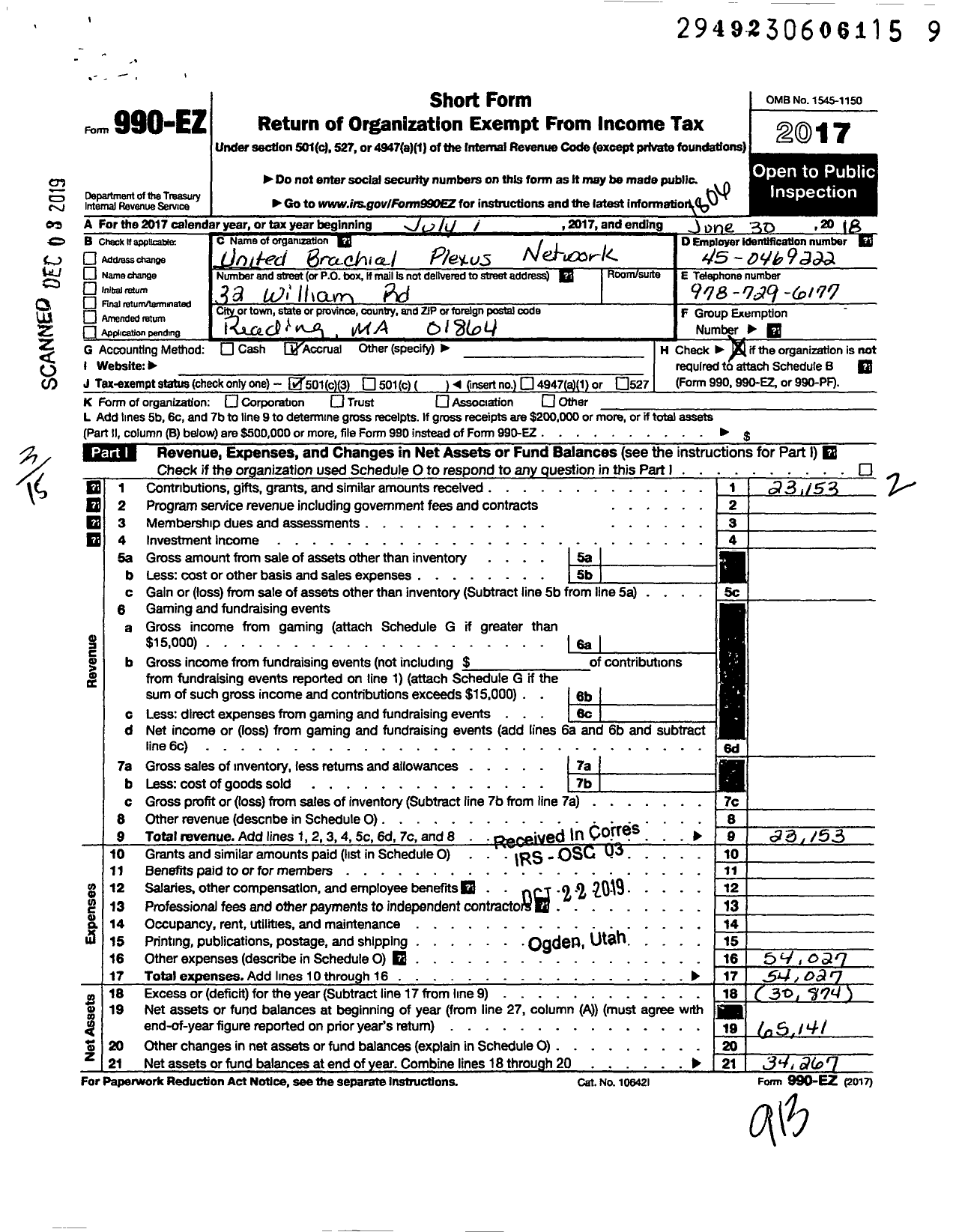 Image of first page of 2017 Form 990EZ for United Brachial Plexus Network