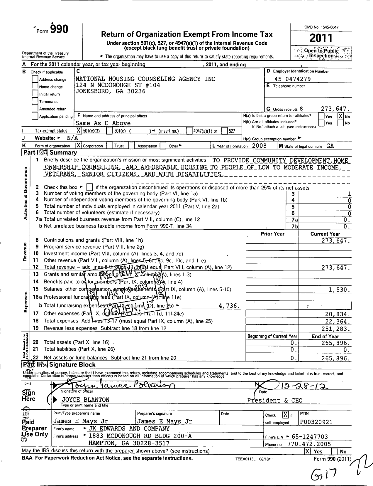 Image of first page of 2011 Form 990 for National Housing Counseling Agency