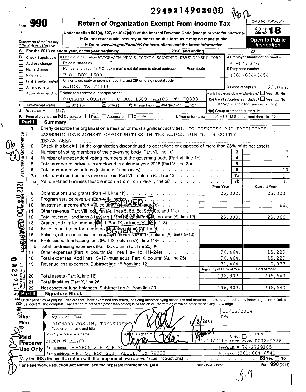 Image of first page of 2018 Form 990O for Alice-Jim Wells County Economic Development Corporation