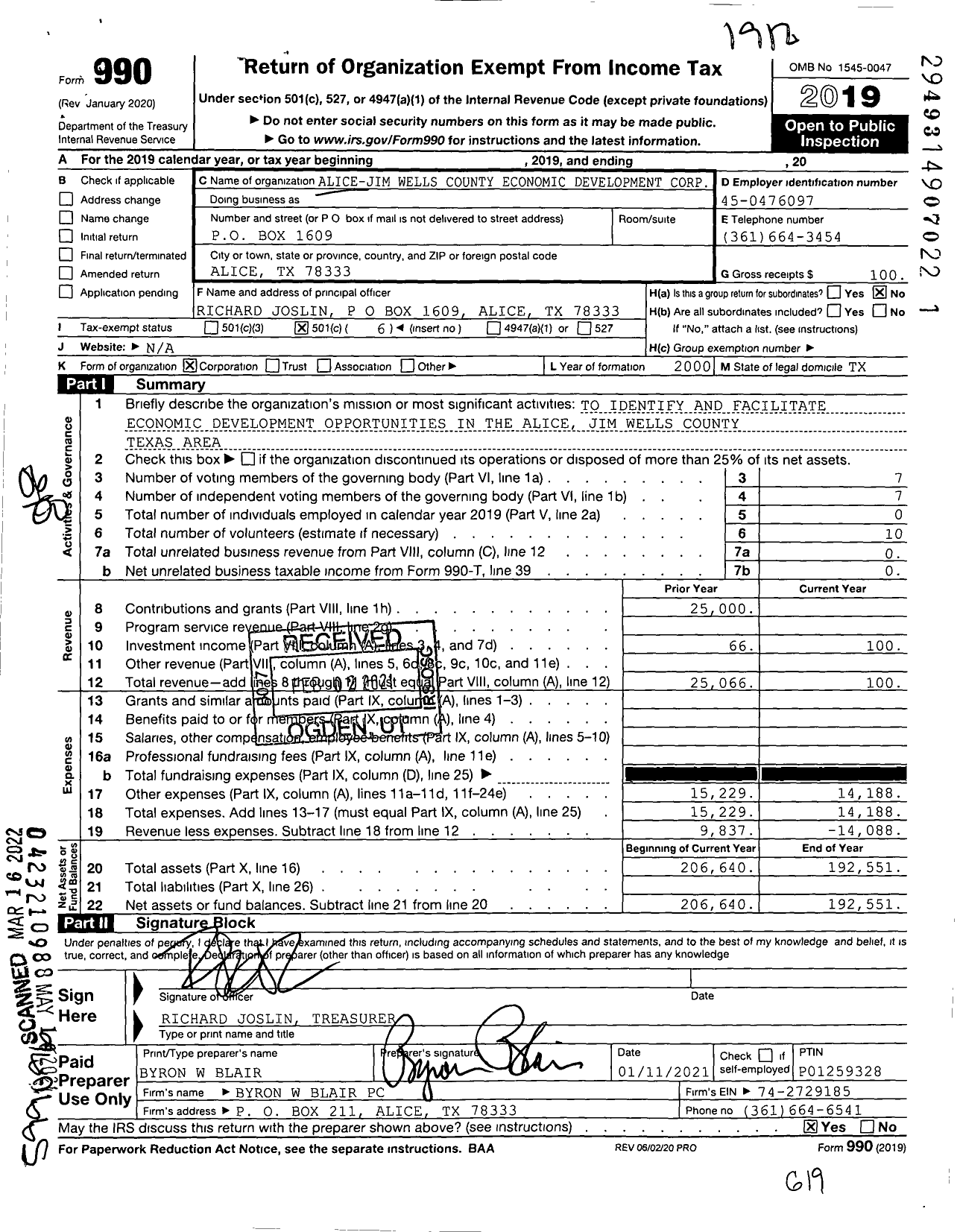 Image of first page of 2019 Form 990O for Alice-Jim Wells County Economic Development Corporation