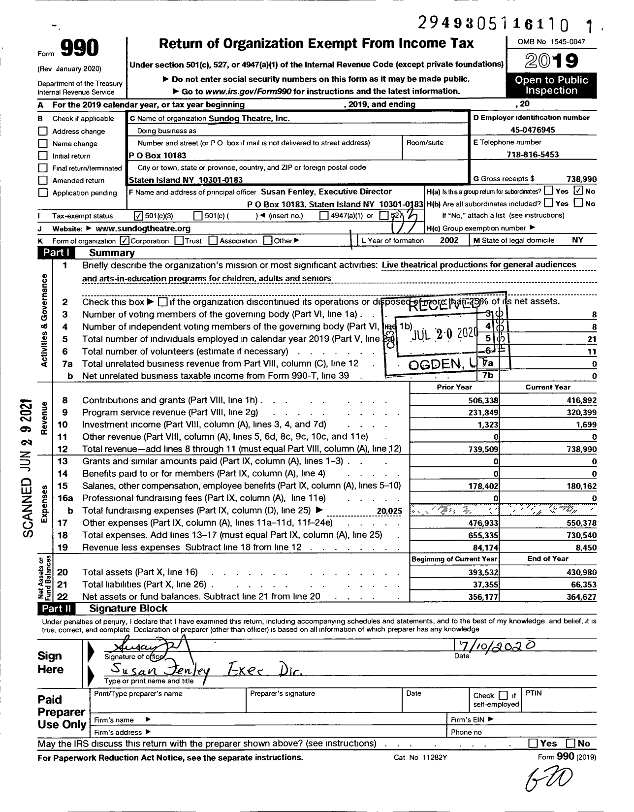 Image of first page of 2019 Form 990 for Sundog Theater