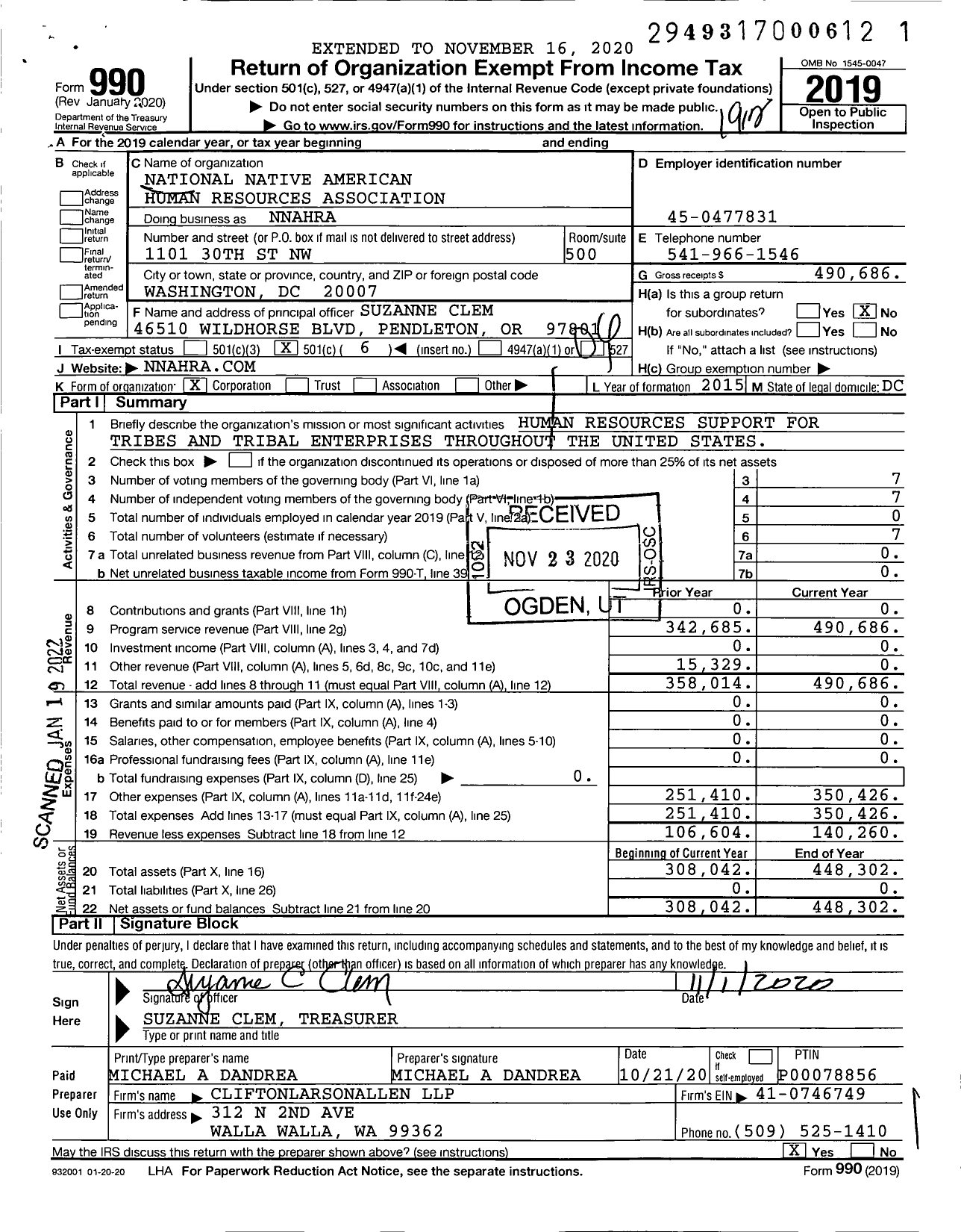 Image of first page of 2019 Form 990O for National Native American Human Resources Association (NNAHRA)