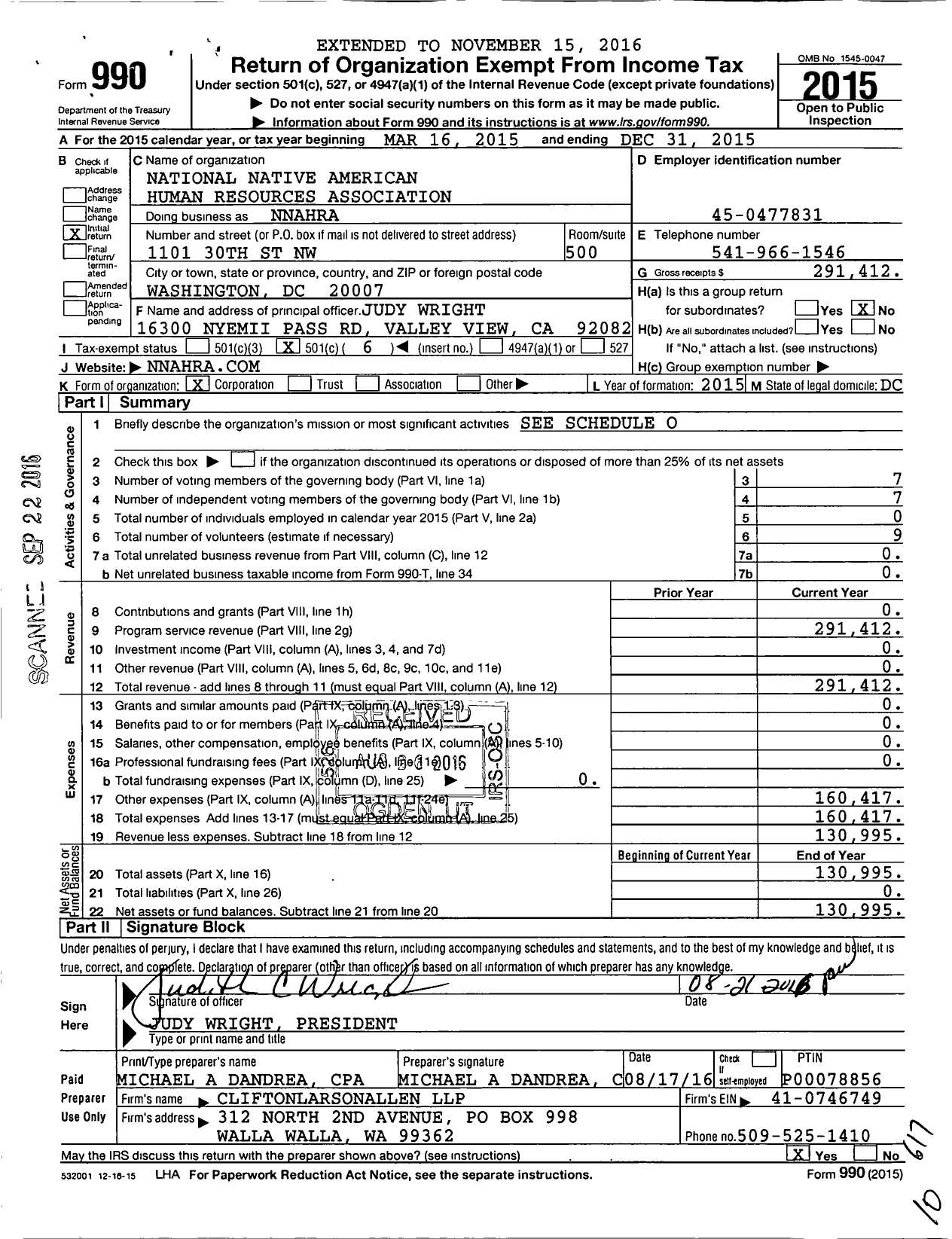 Image of first page of 2015 Form 990O for National Native American Human Resources Association (NNAHRA)