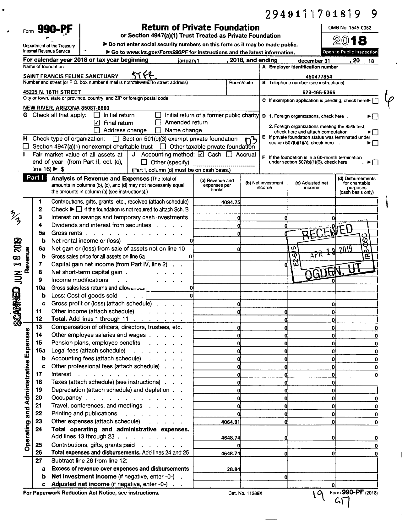 Image of first page of 2018 Form 990PF for SAINT FRANCIS FElINE SANCTUARY