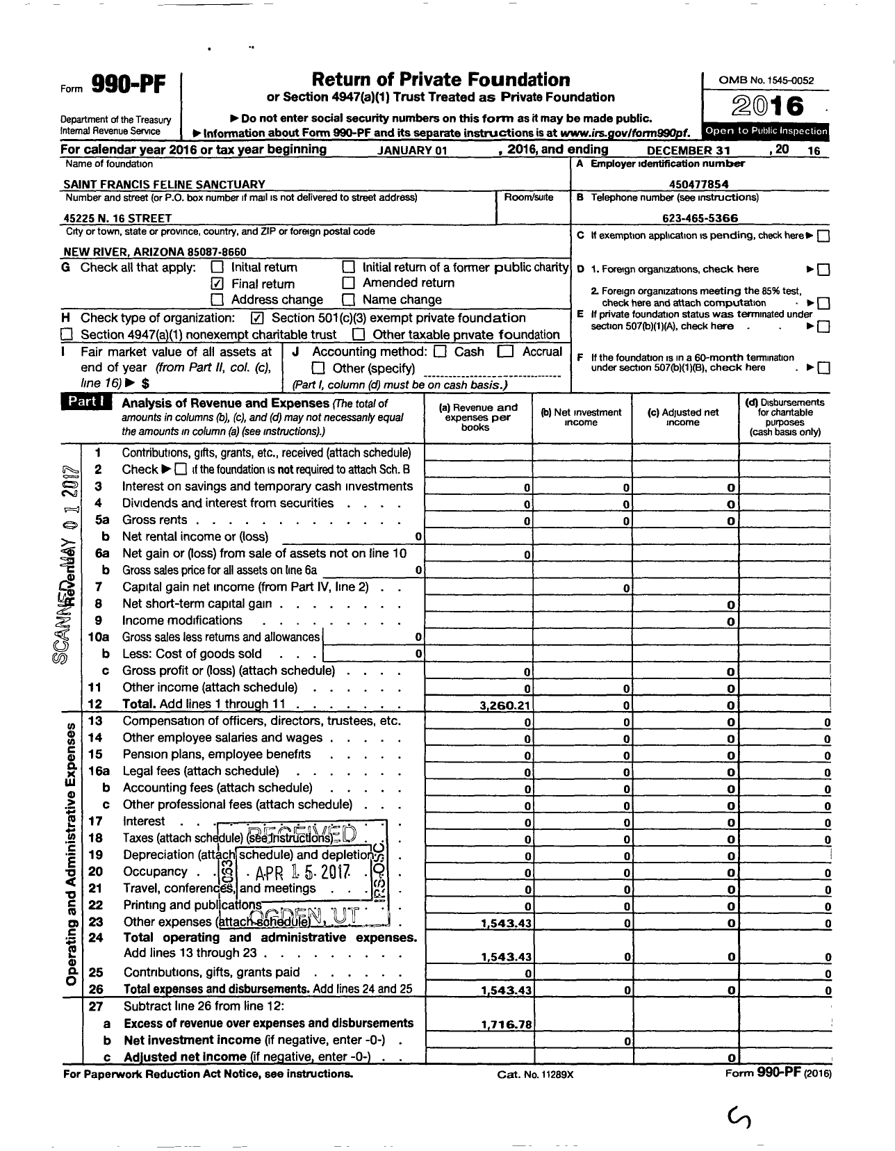 Image of first page of 2016 Form 990PF for SAINT FRANCIS FElINE SANCTUARY