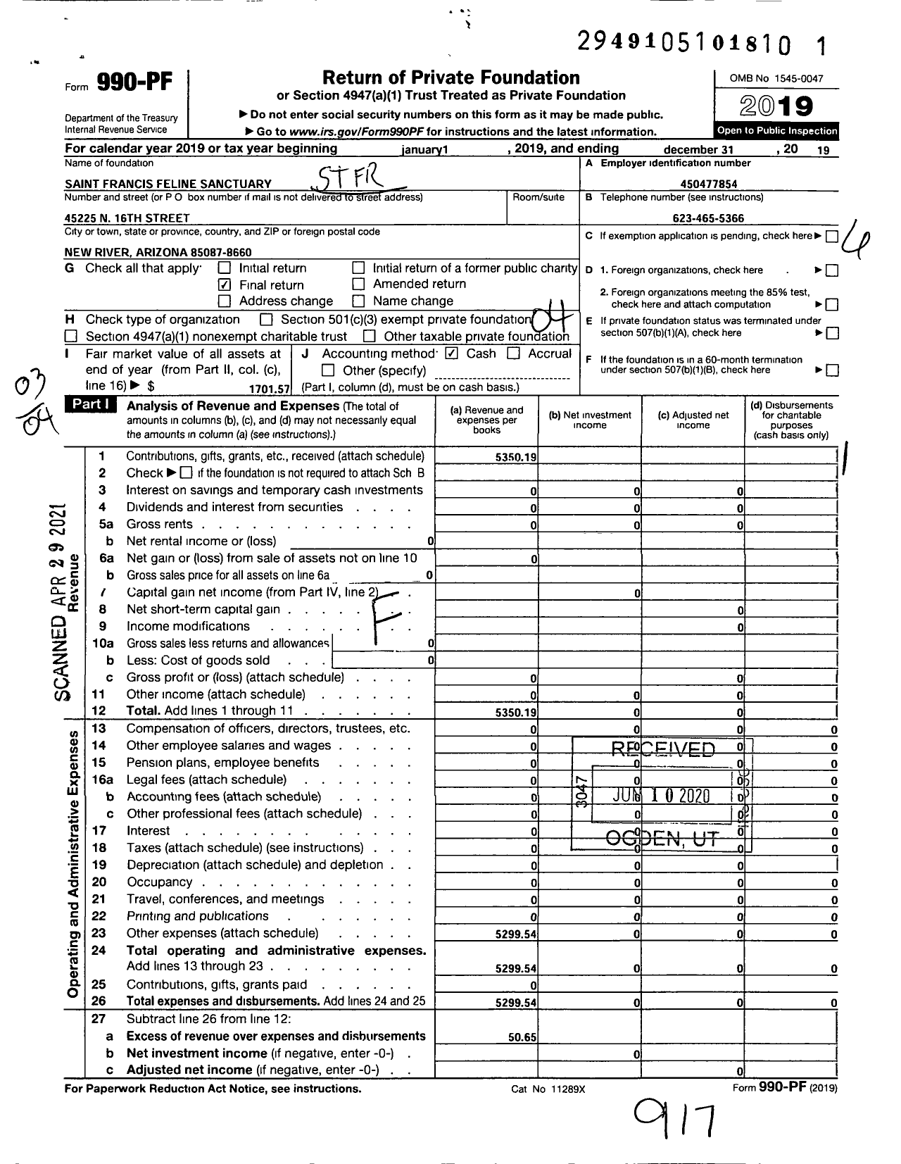 Image of first page of 2019 Form 990PF for SAINT FRANCIS FElINE SANCTUARY