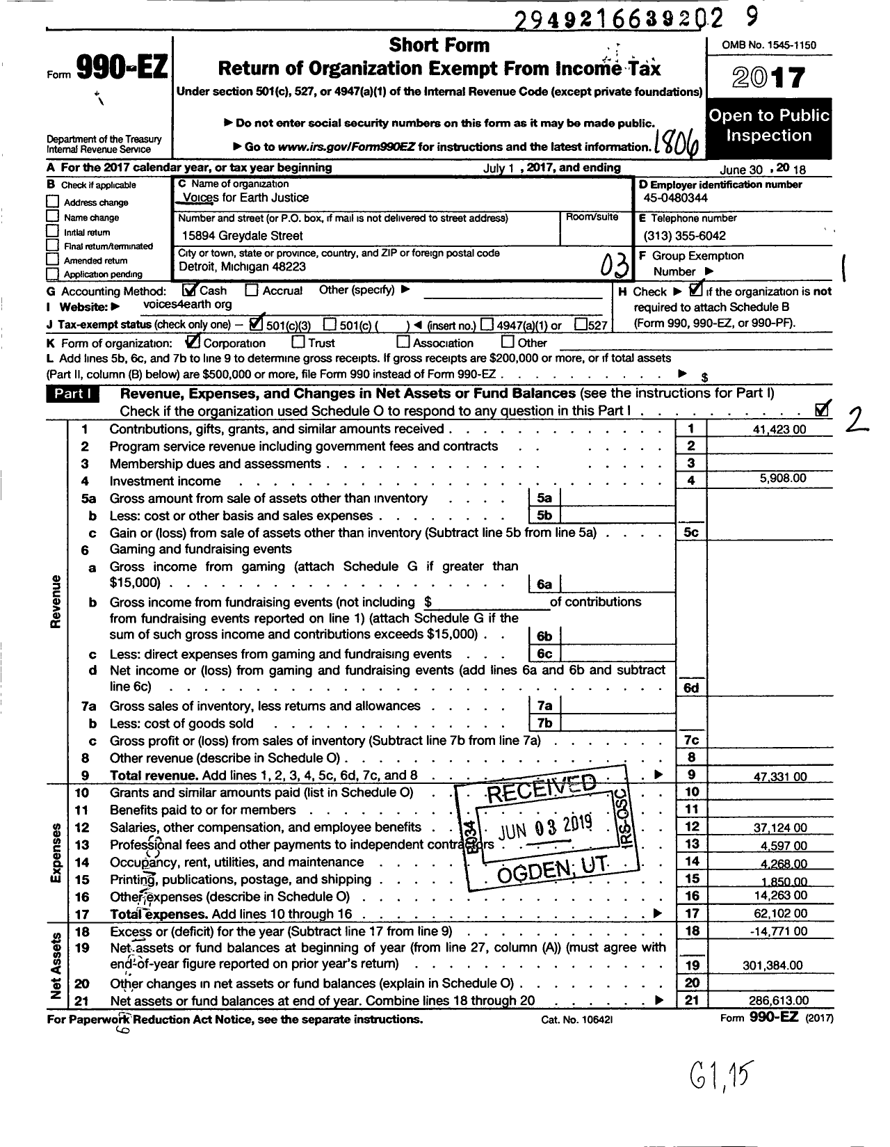 Image of first page of 2017 Form 990EZ for Voices for Earth Justice