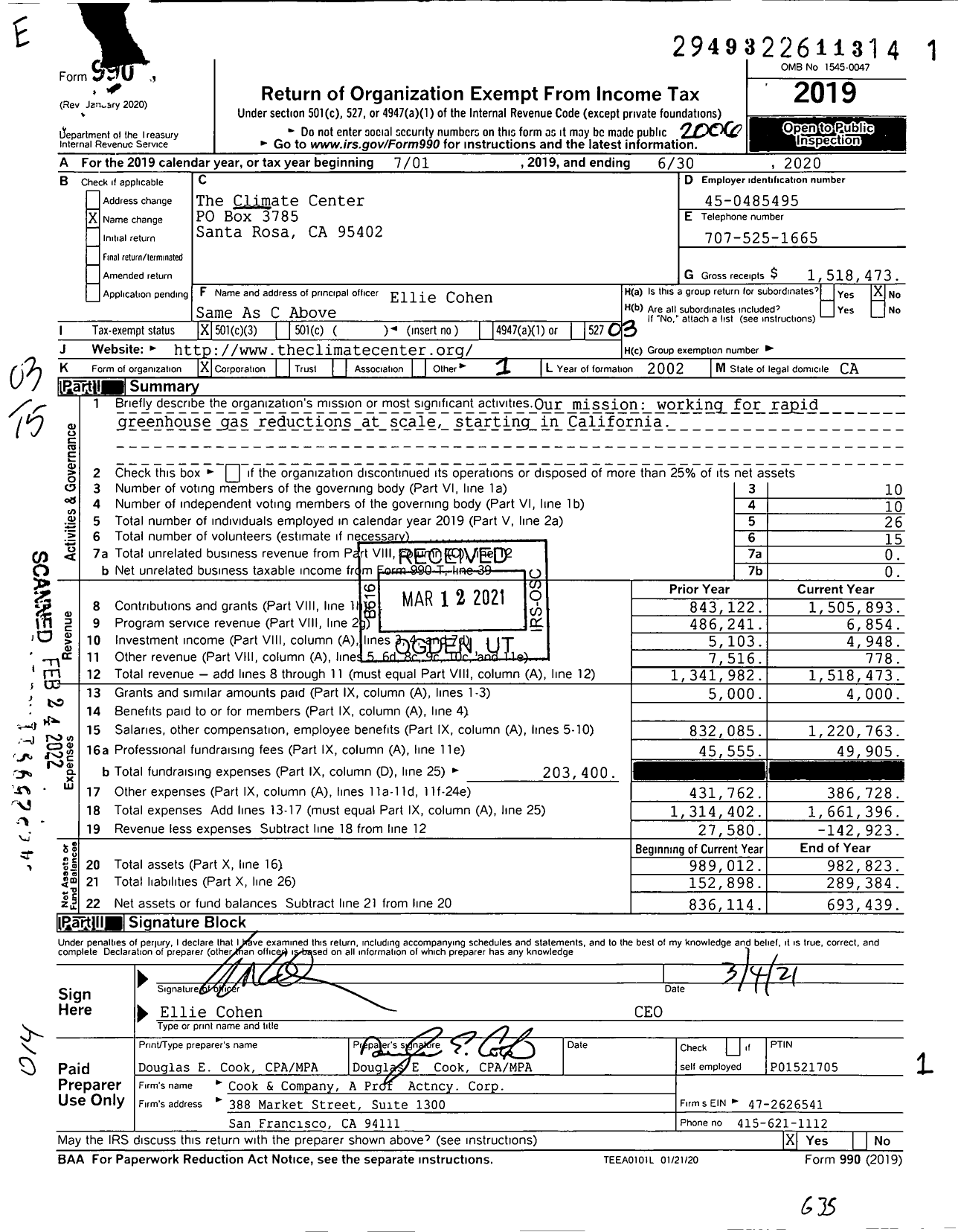 Image of first page of 2019 Form 990 for The Climate Center
