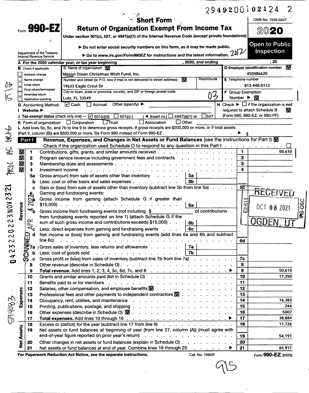 Image of first page of 2020 Form 990EZ for Mason Dixon Christmas Wish Fund