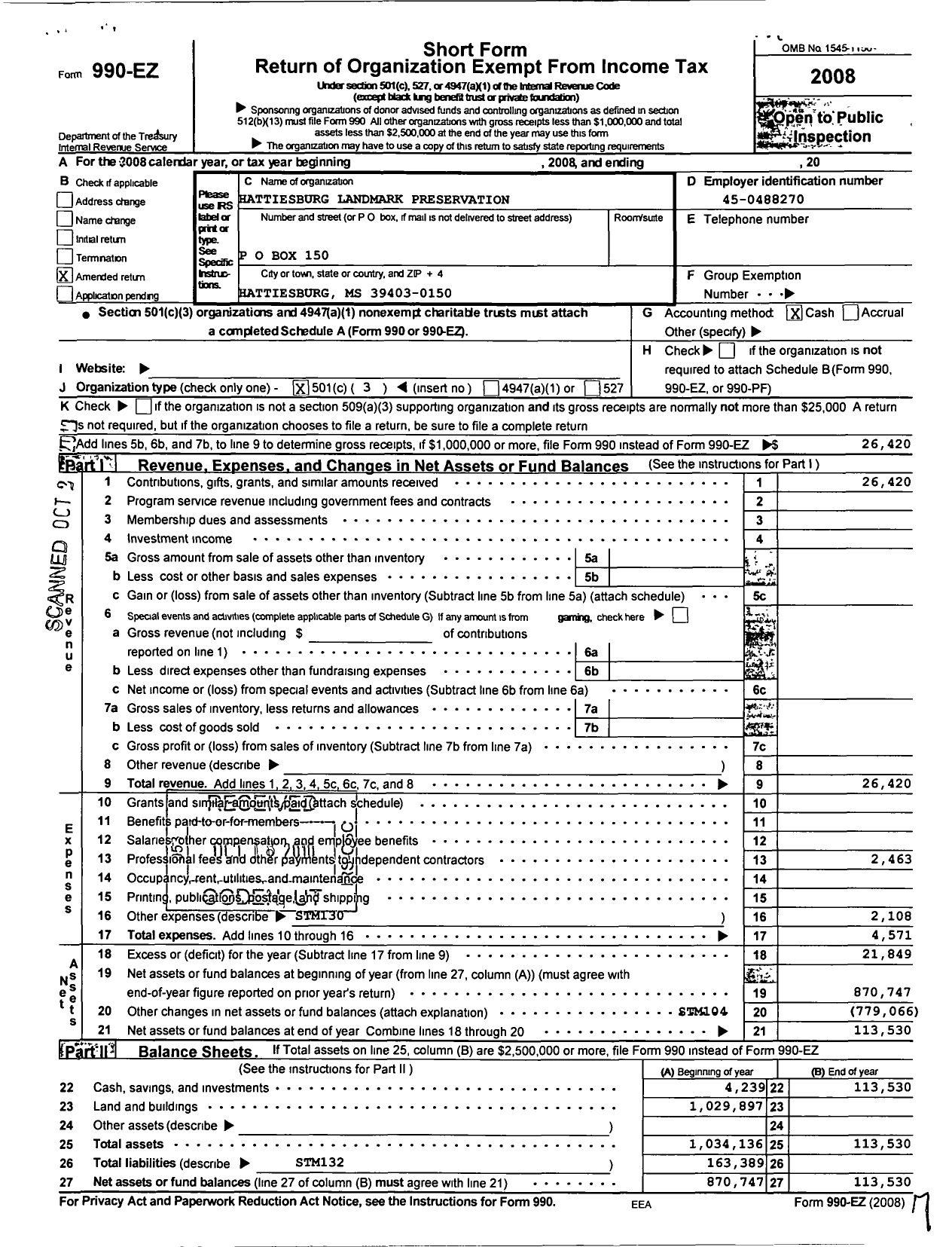 Image of first page of 2008 Form 990EZ for Hattiesburg Landmark Preservation