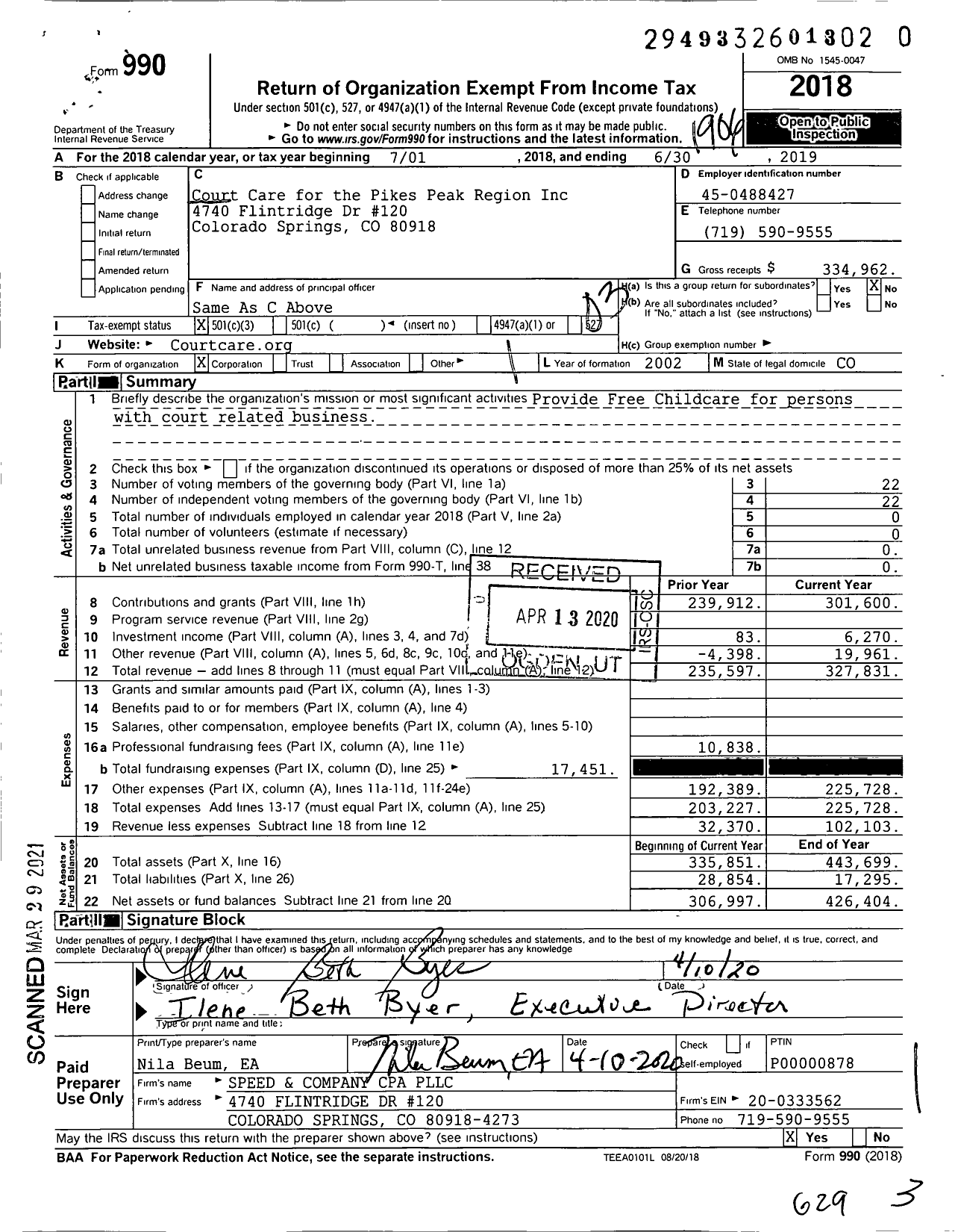 Image of first page of 2018 Form 990 for Court Care for the Pikes Peak Region