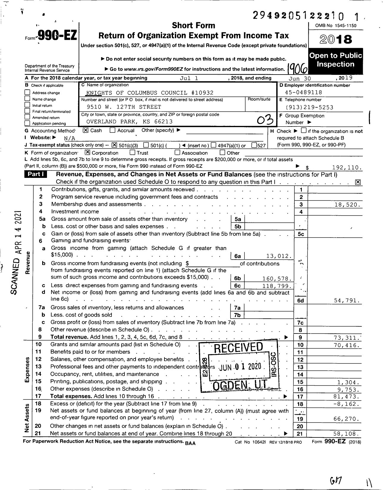 Image of first page of 2018 Form 990EZ for Knights of Columbus - Ascension Council 10932