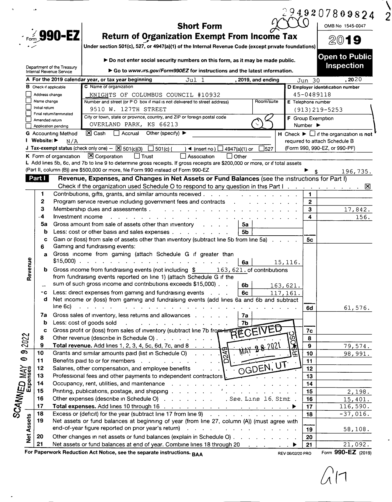 Image of first page of 2019 Form 990EZ for Knights of Columbus - Ascension Council 10932