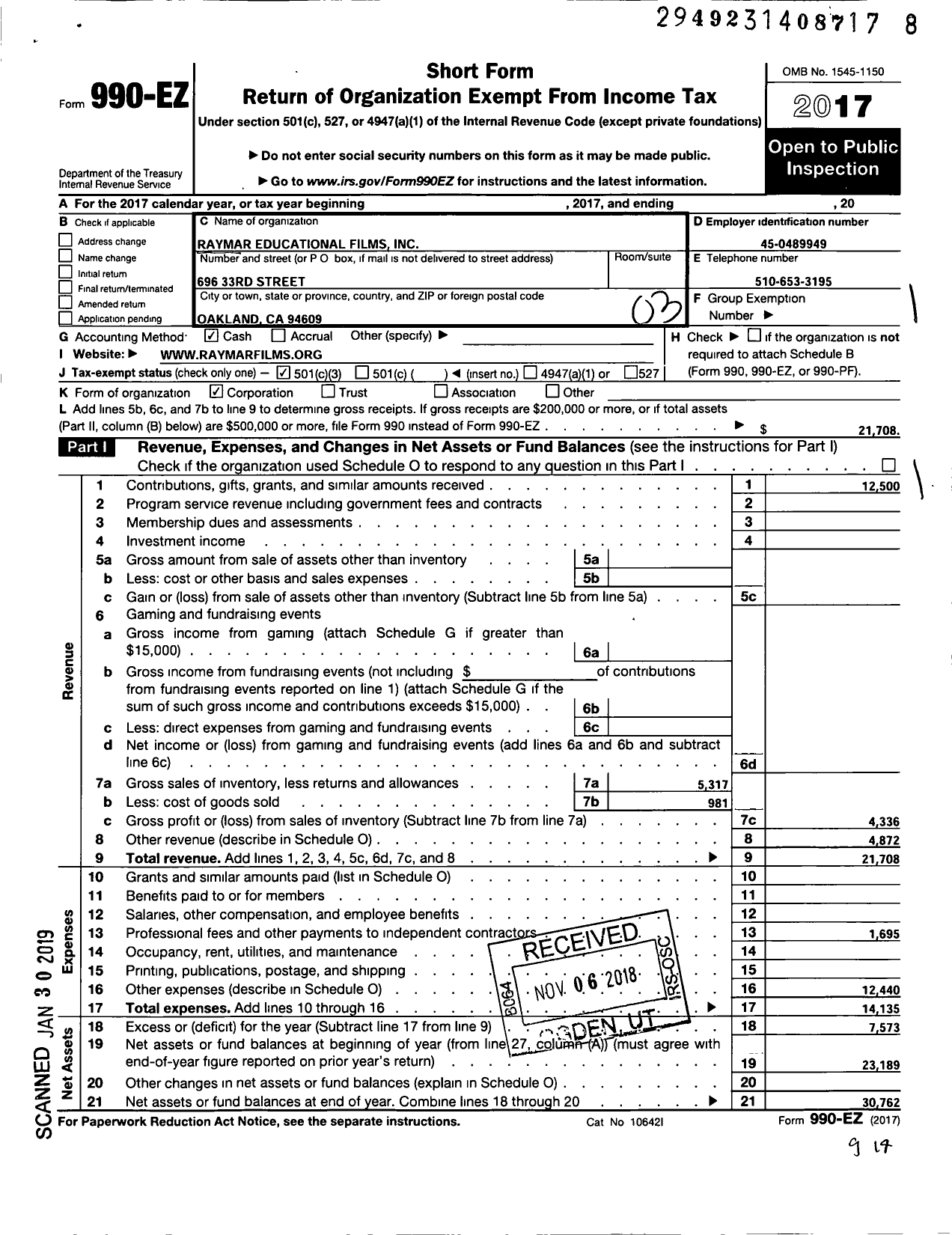 Image of first page of 2017 Form 990EZ for Raymar Educational Films