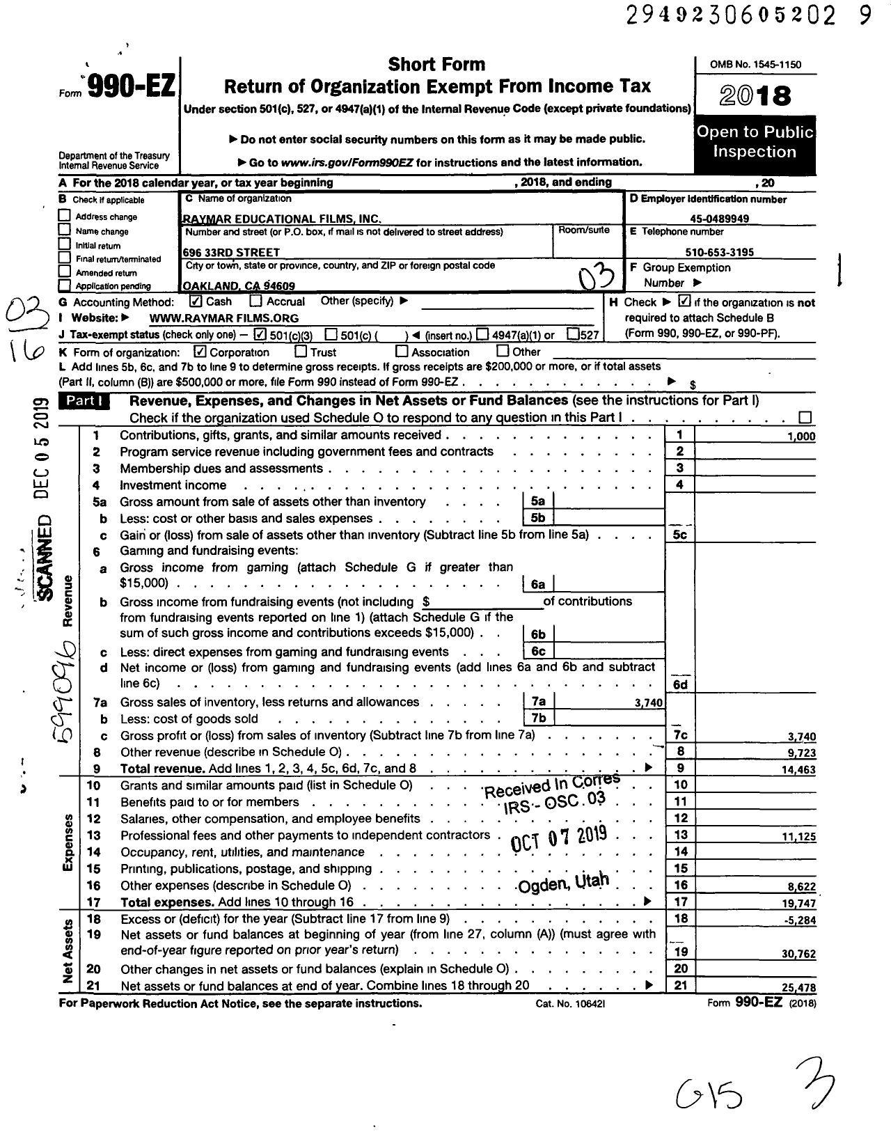 Image of first page of 2018 Form 990EZ for Raymar Educational Films