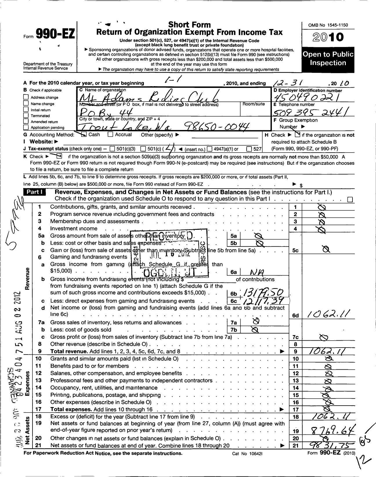 Image of first page of 2010 Form 990EO for MT Adams Riding Club